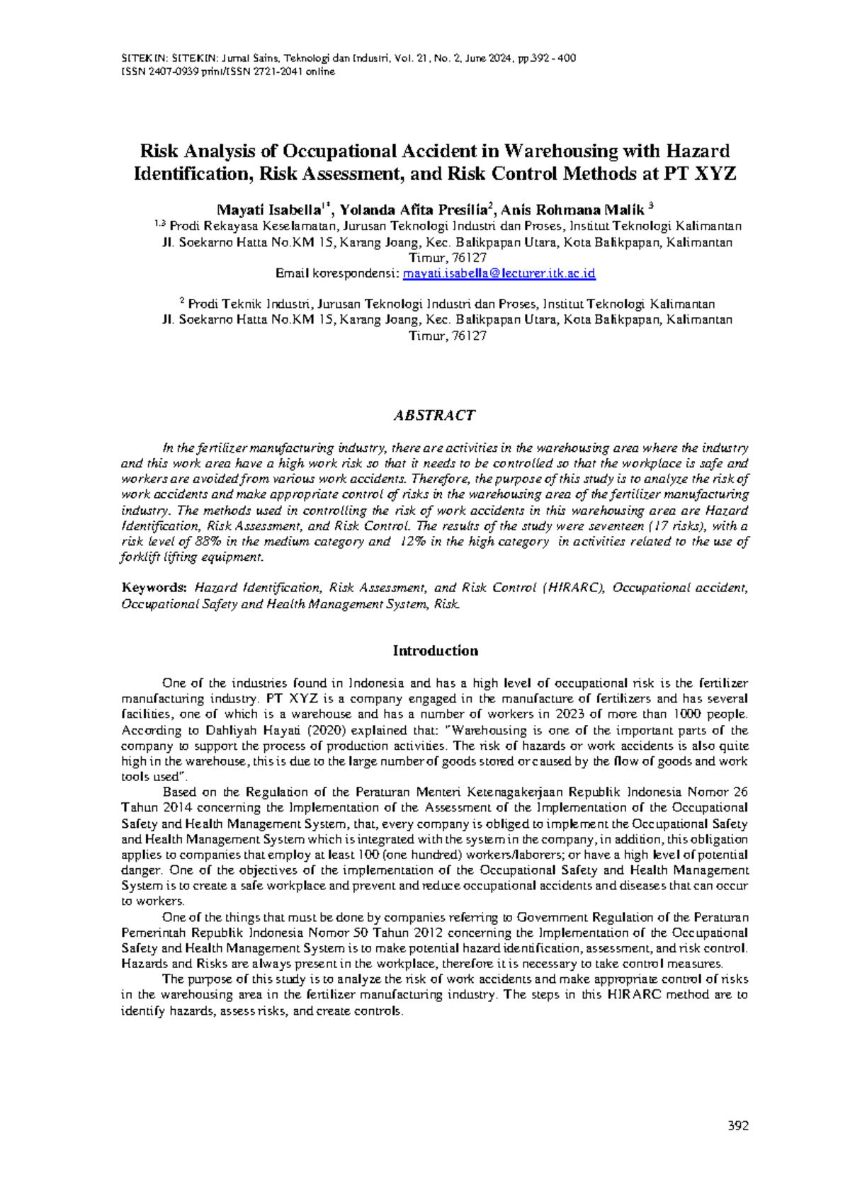 Risk Analysis of Occupational Accidents in Warehousing: HIRARC at PT ...