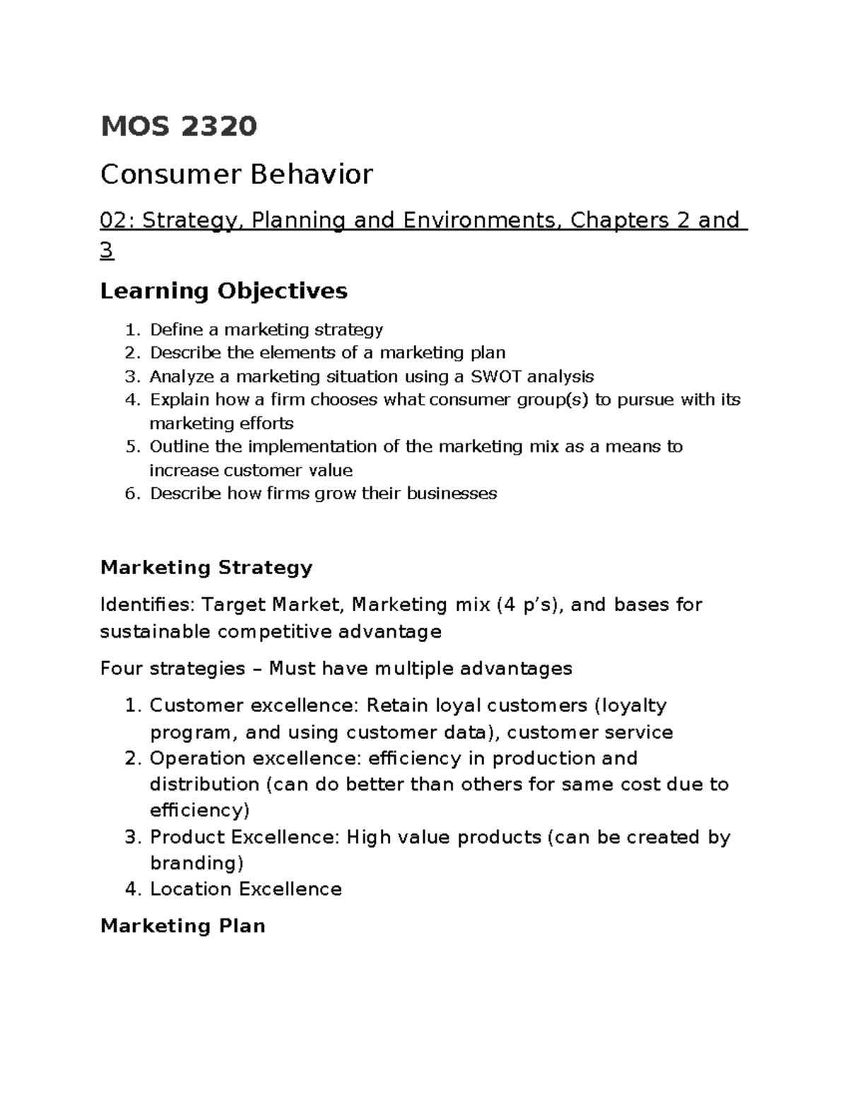 MOS 2320 Consumer Behavior: Lecture Notes on Marketing Strategy and ...