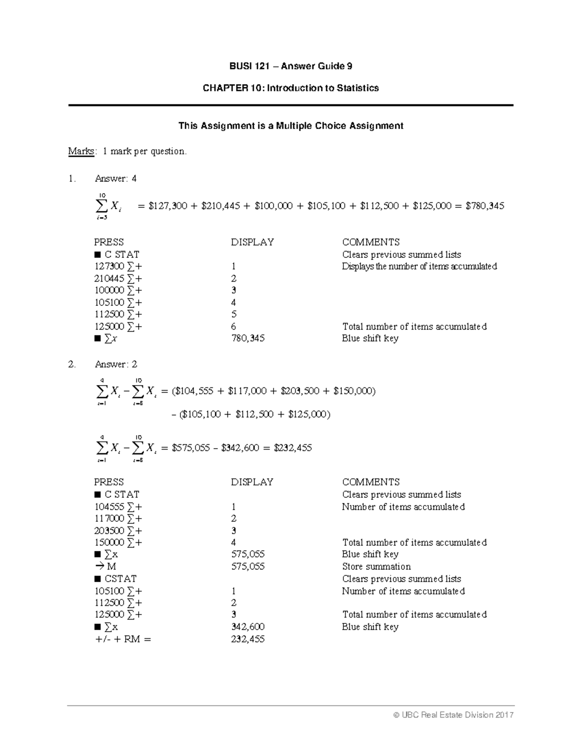 Quiz 9 Answer Guide - BUSI 121 – Answer Guide 9 CHAPTER 10 ...