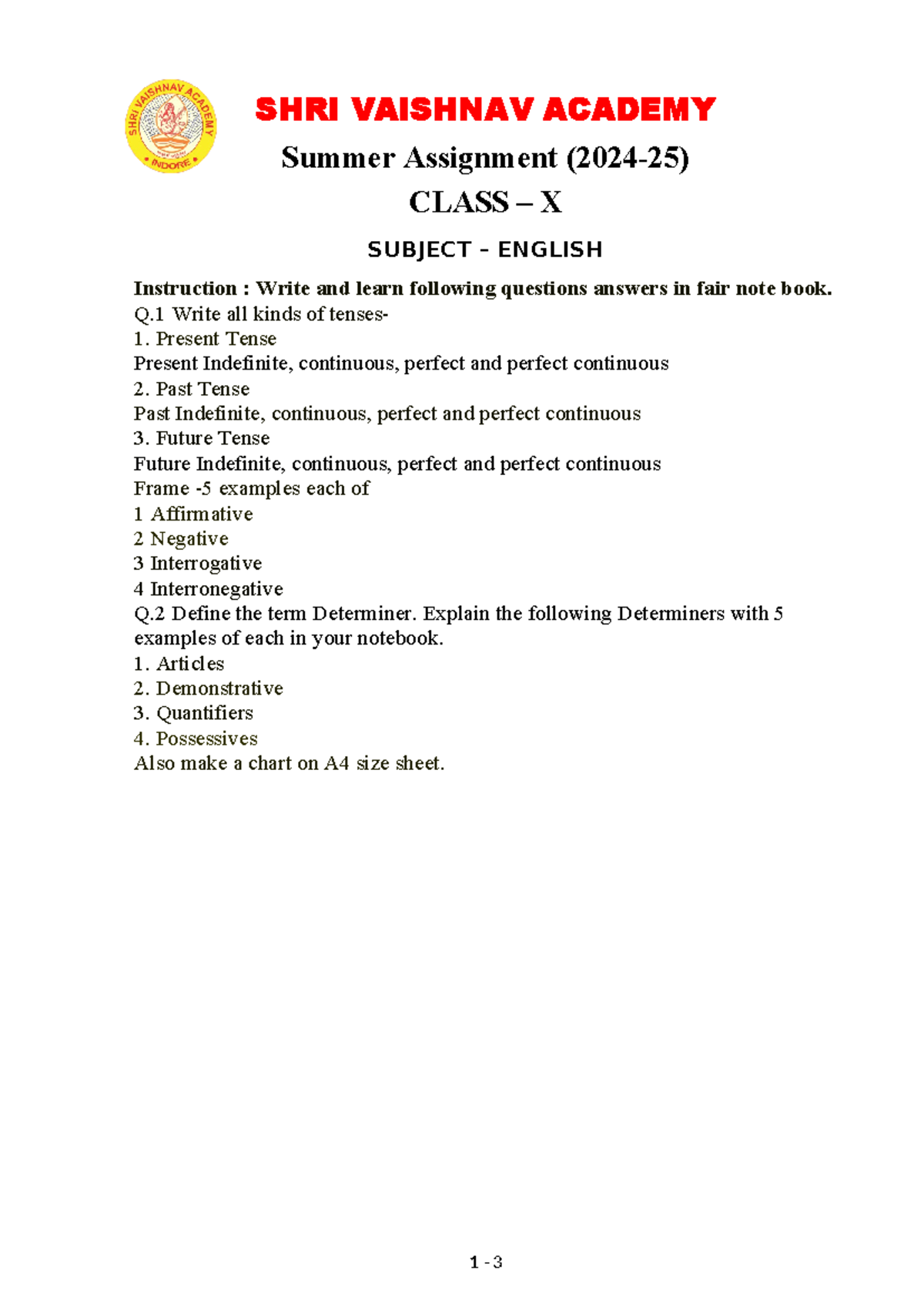 Class - 10 - SHRI VAISHNAV ACADEMY Summer Assignment (2024-25) CLASS ...