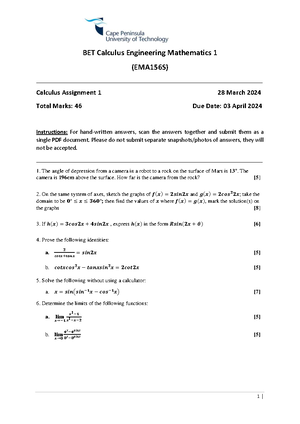 MTH156s - CPUT - Engineering Mathematics - Studocu