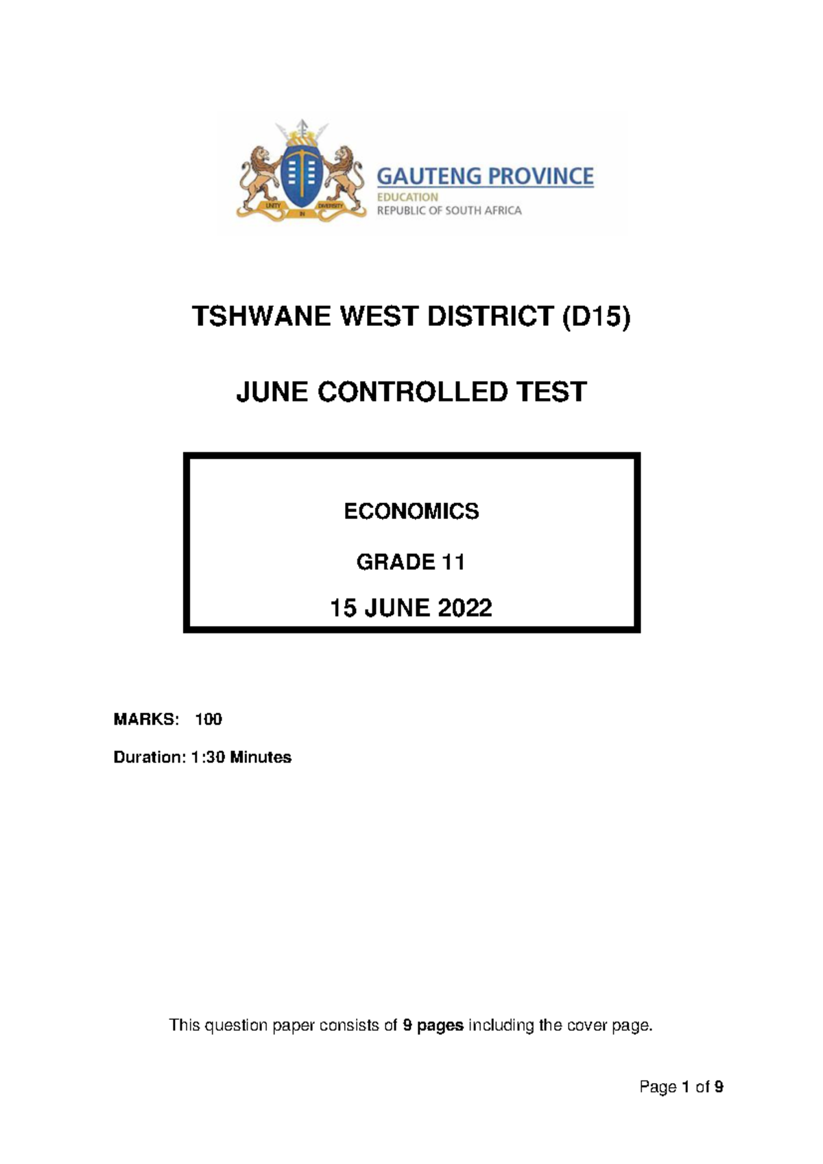 Grade 11 Economics (D15) June Controlled Test 2022 - Question Paper ...