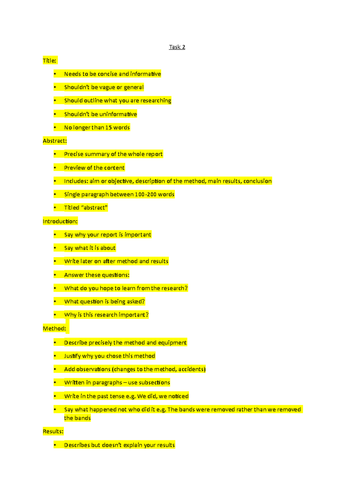 Layout for a Scientific Report - Task 2 Title: Needs to be concise and ...