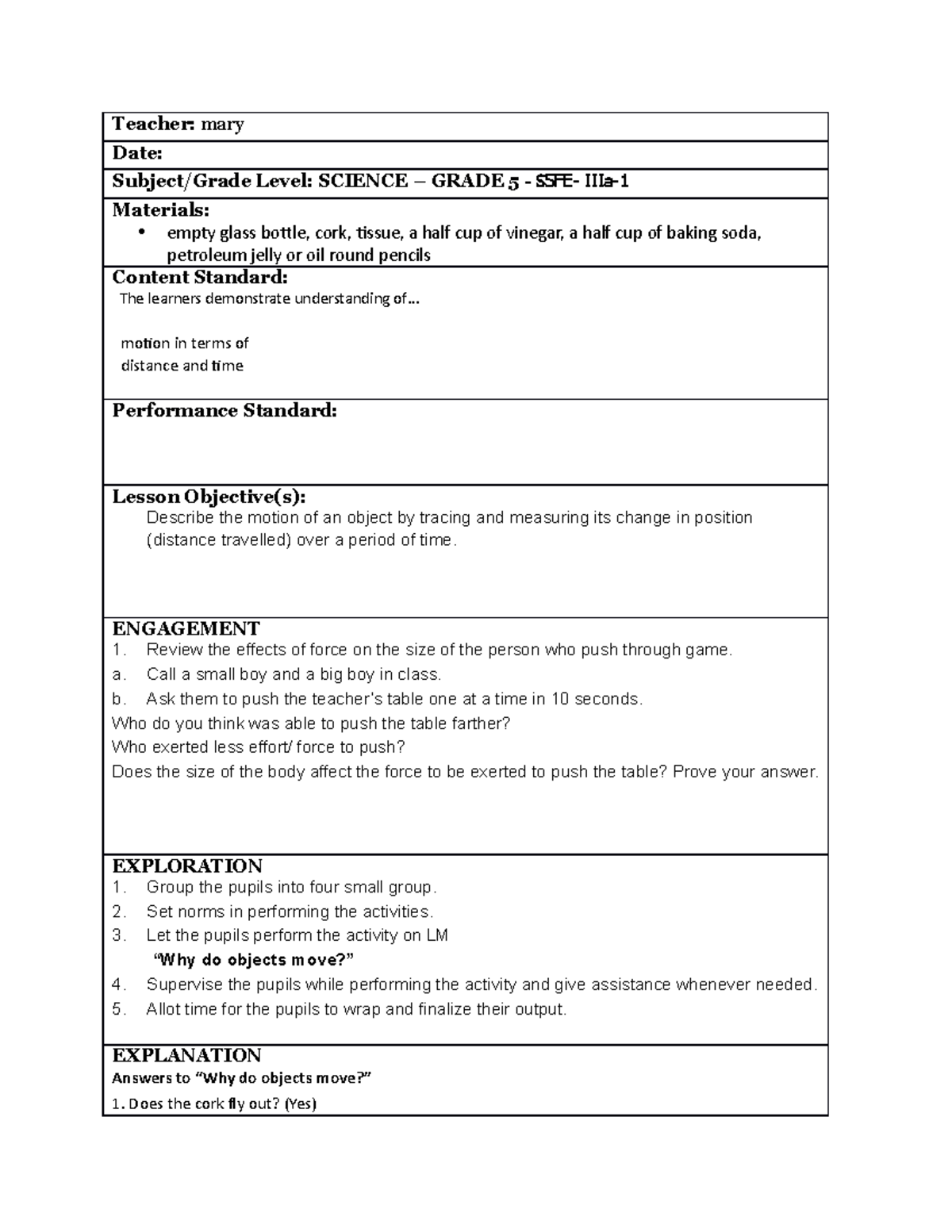 Pakat-MARY 1 - 5E Model Lesson Plan on Force and Motion for Grade 5 ...