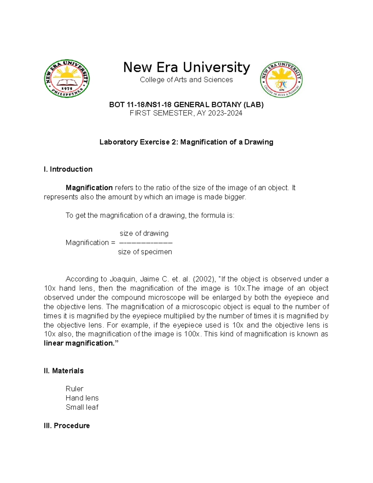 Bot LE2 - Botany Lab Activity 2 - New Era University College of Arts ...