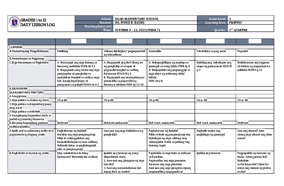 DLL Filipino 5 Q1 W7 - okay - GRADES 1 to 12 DAILY LESSON LOG School ...