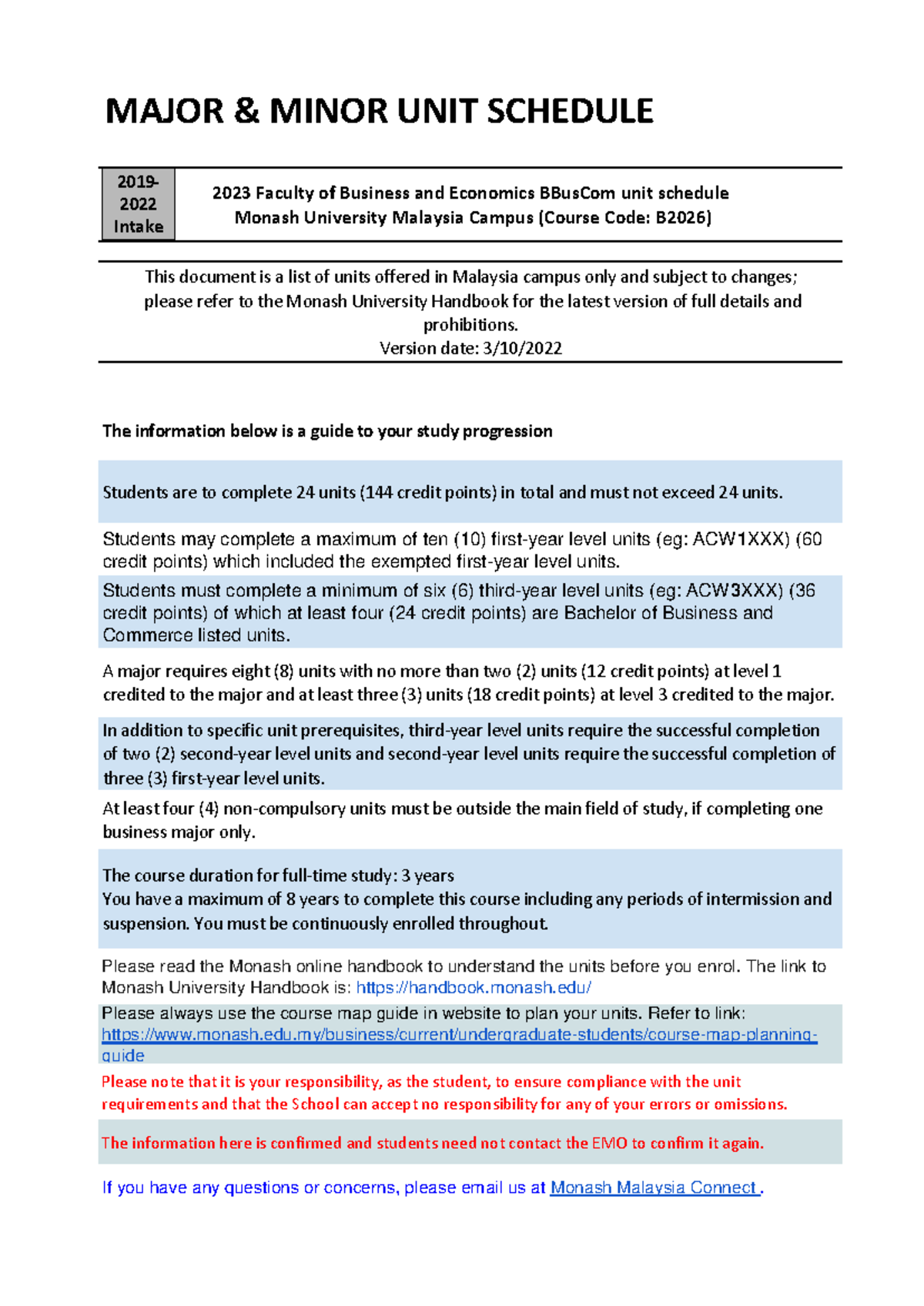 BBusCom Major and Minor Unit Schedule 2023 - Monash University Malaysia ...