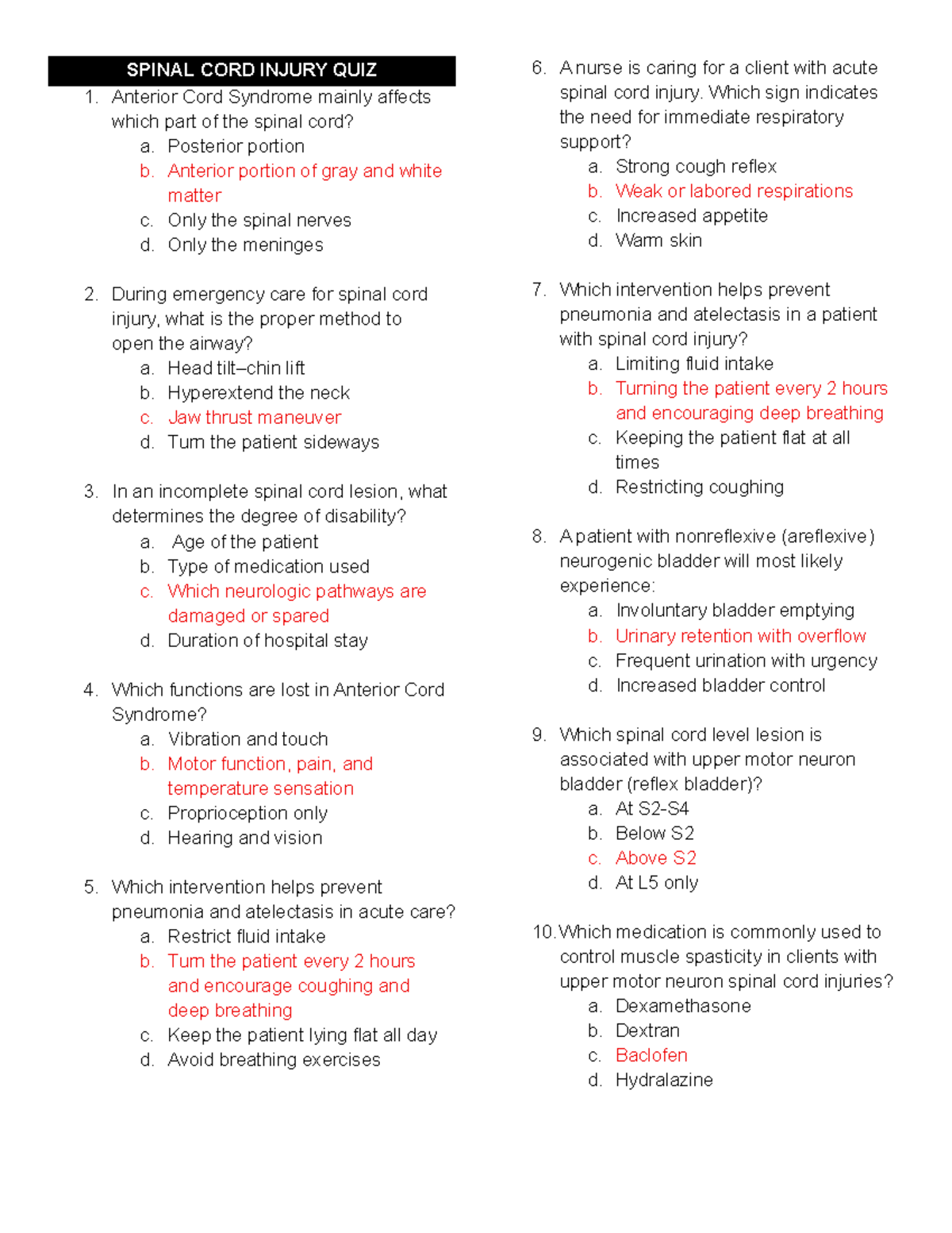 SCI & ICP QUIZ - MS Spinal Cord Injury Practice Questions - Studocu