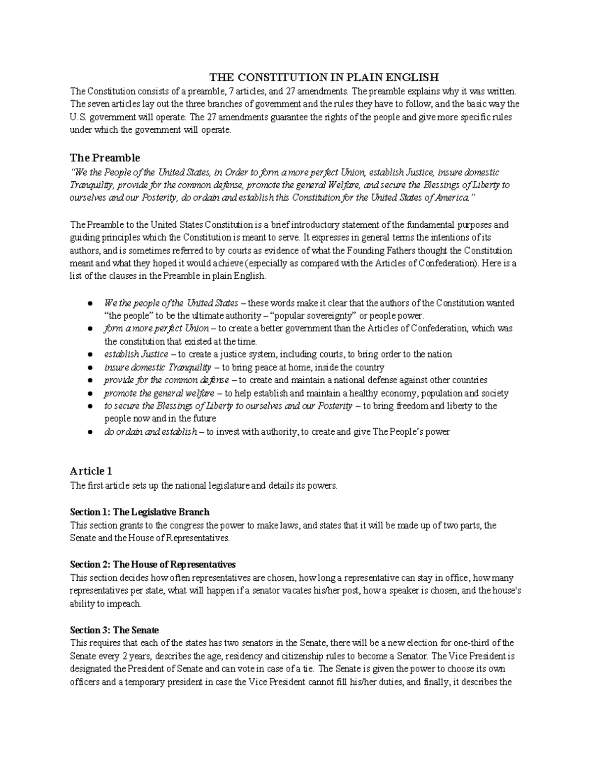 US Constitution Overview: Key Articles and Amendments Explained - Studocu