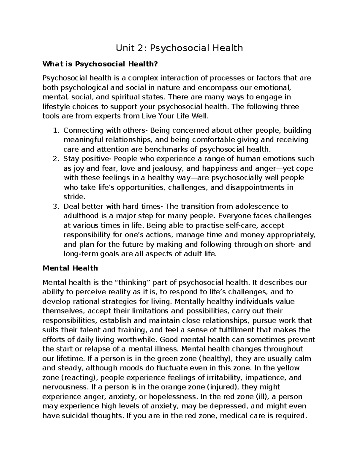 HLST 200 Unit 2 - Unit 2 Lecture Notes - Unit 2: Psychosocial Health ...
