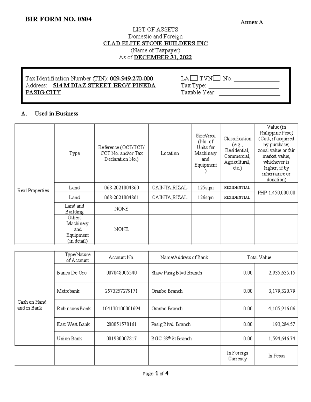 BIR FORM 0804 Annex A: List of Assets as of Dec 31, 2022 - Studocu