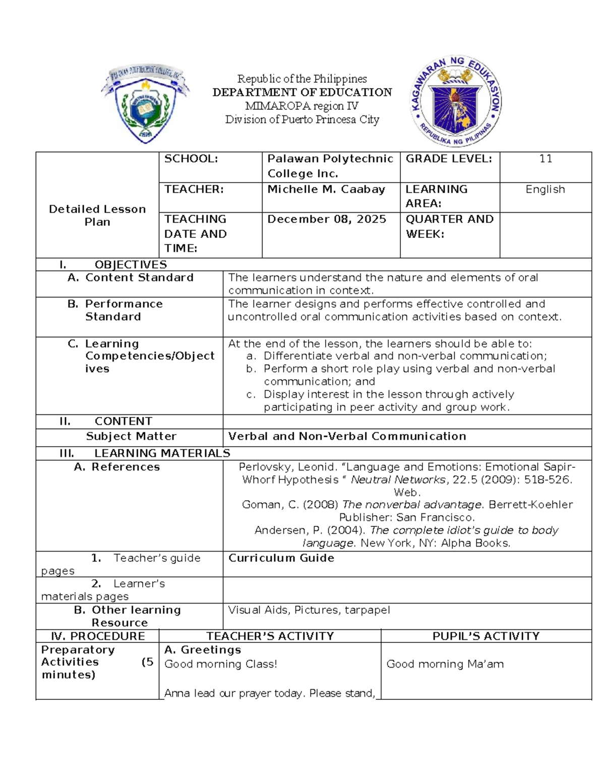 Detailed Lesson Plan on Verbal and Non-Verbal Communication (Grade 11 ...