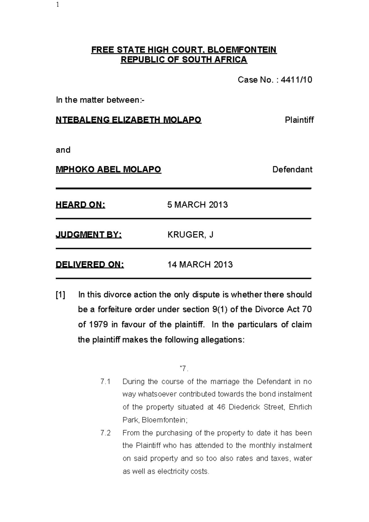 Case No. 1: Forfeiture Order in Divorce - Molapo v. Molapo (2013) - Studocu