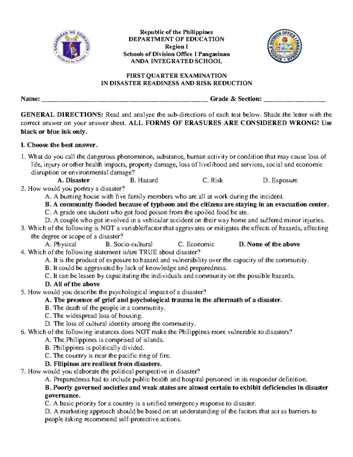 First Quarter Exam in Disaster Readiness and Risk Reduction - Studocu