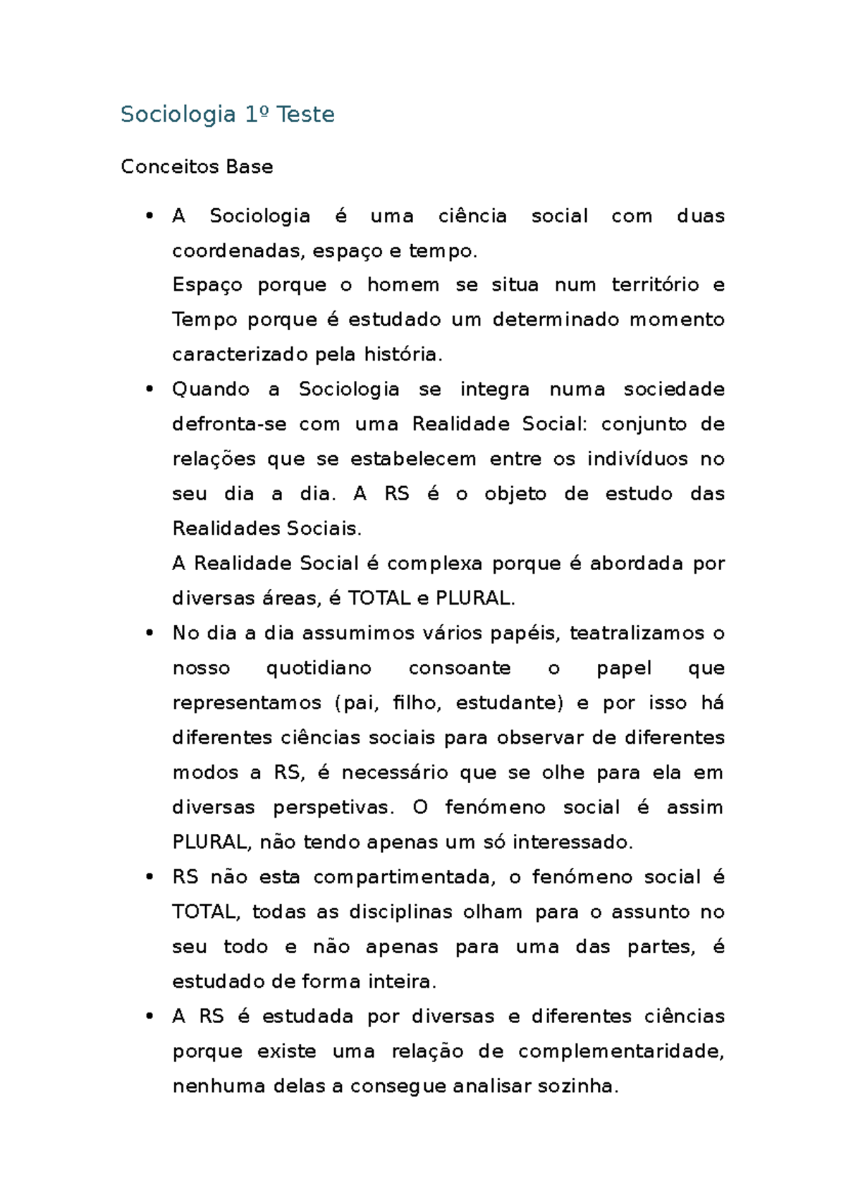 Sociologia - Notas do 1º Teste sobre Realidade Social e Fatos Sociais ...