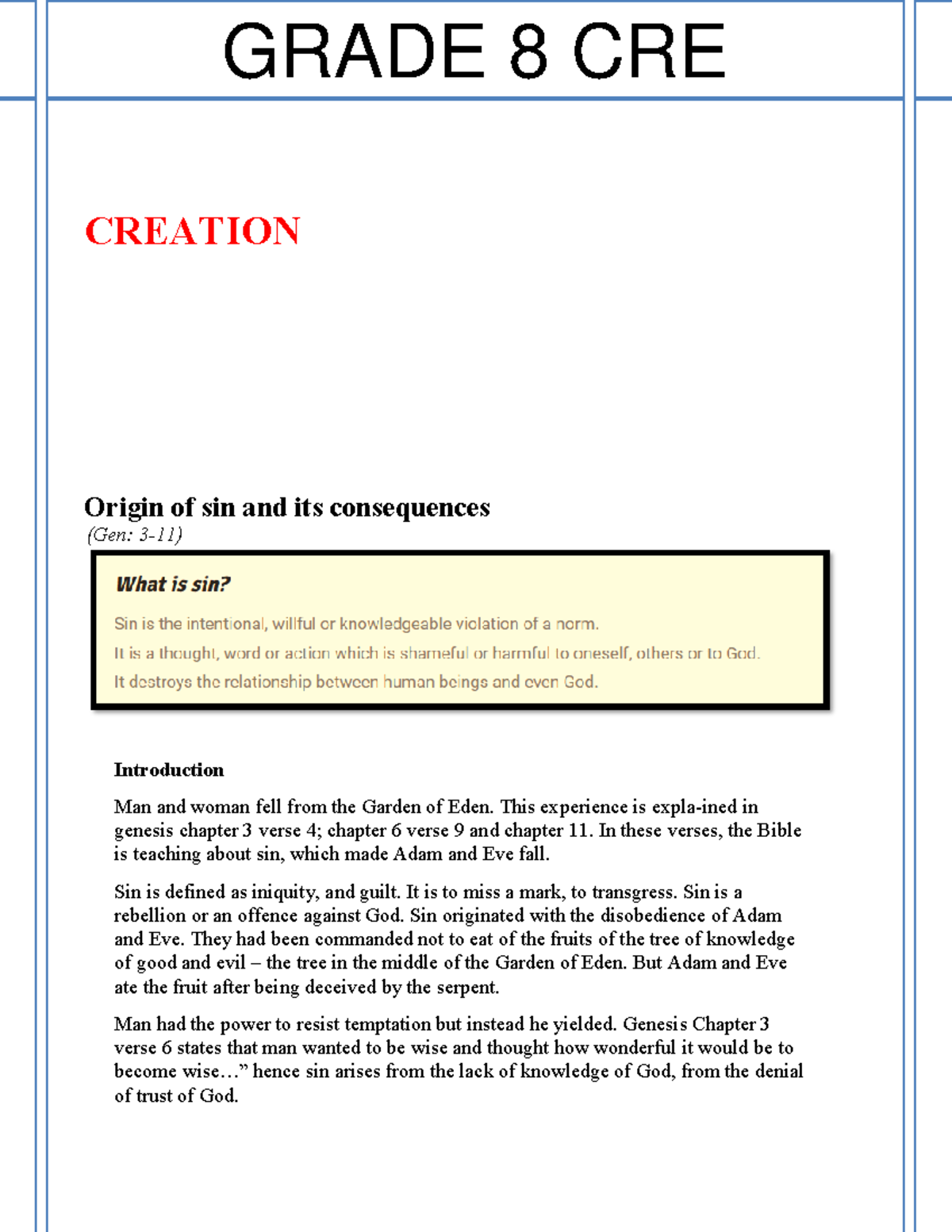 Rationalised Grade 8 CRE Notes: Origin of Sin and Its Consequences ...