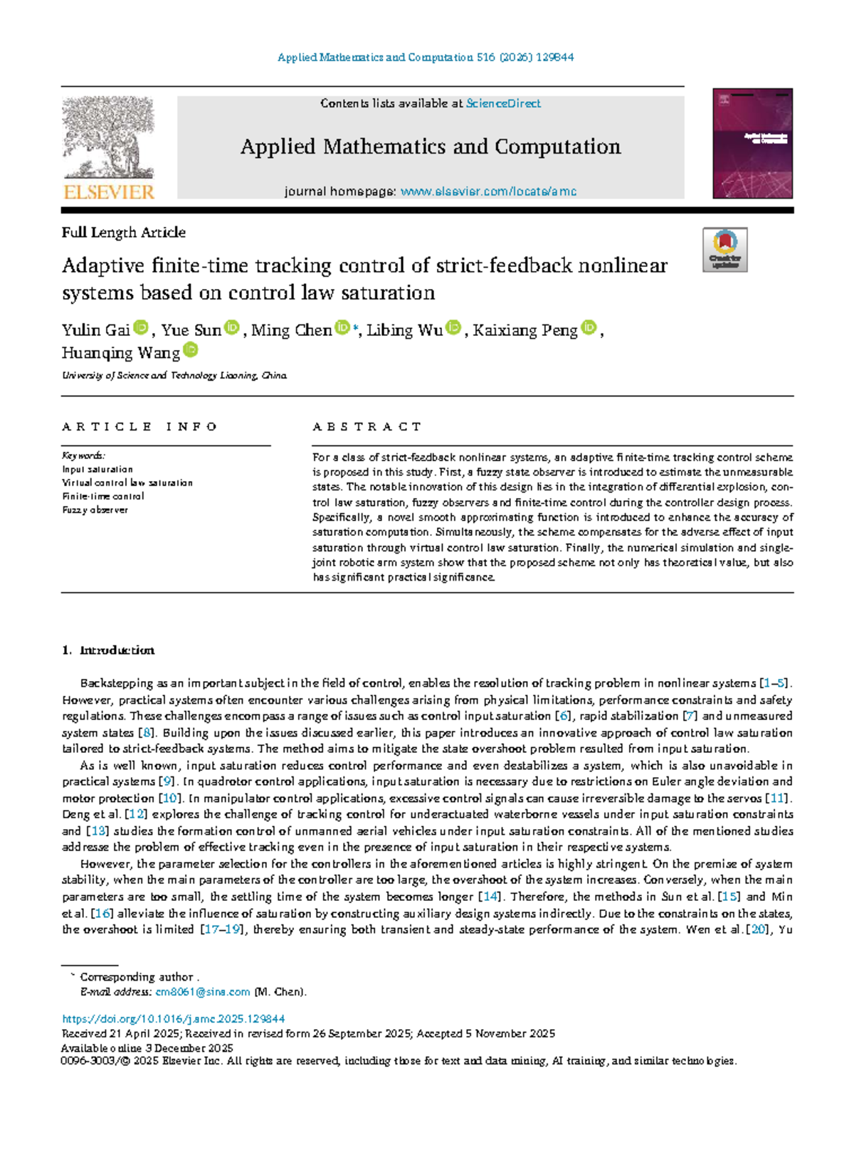 Adaptive Tracking Control of Nonlinear Systems with Input Saturation ...