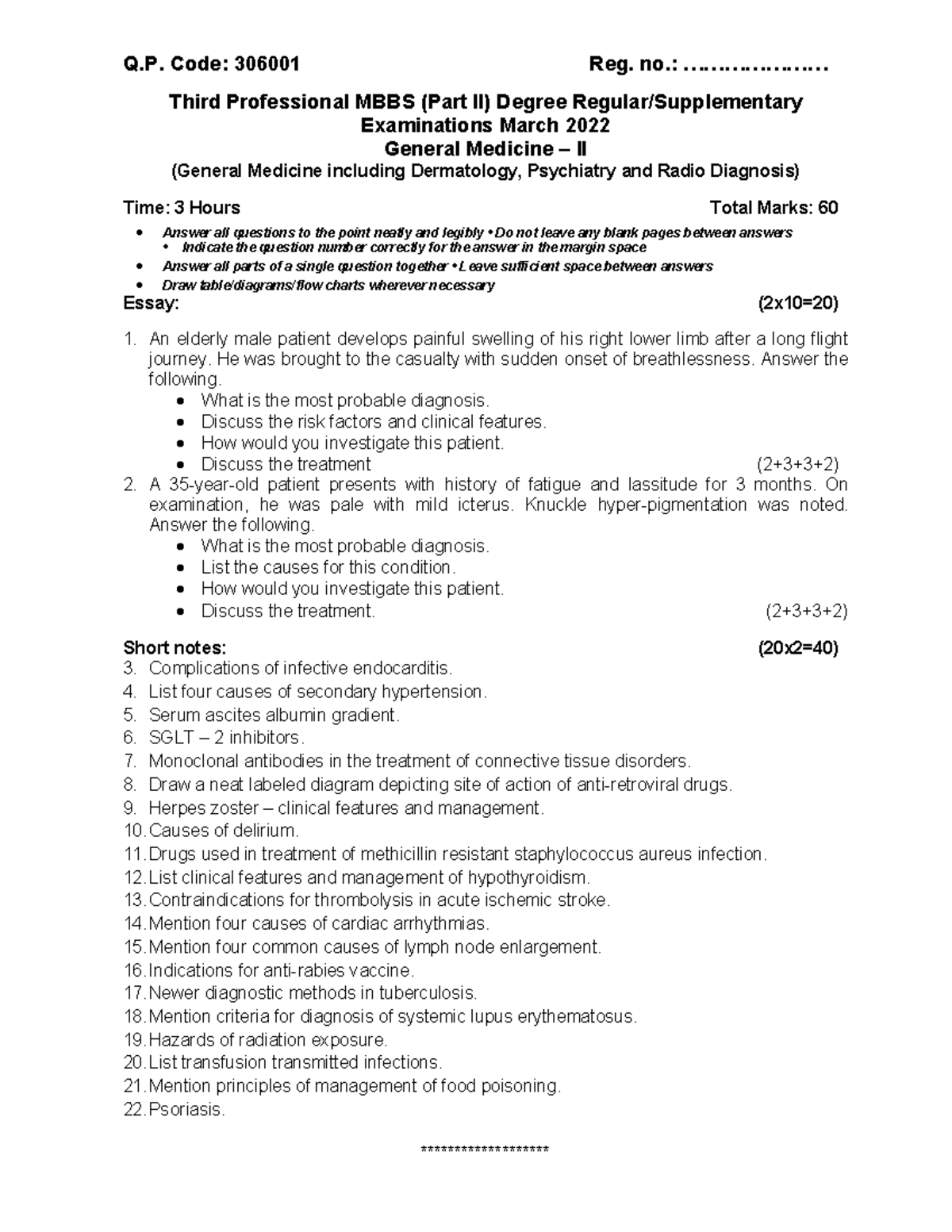 306001 - Third Professional MBBS General Medicine II Exam March 2022 ...