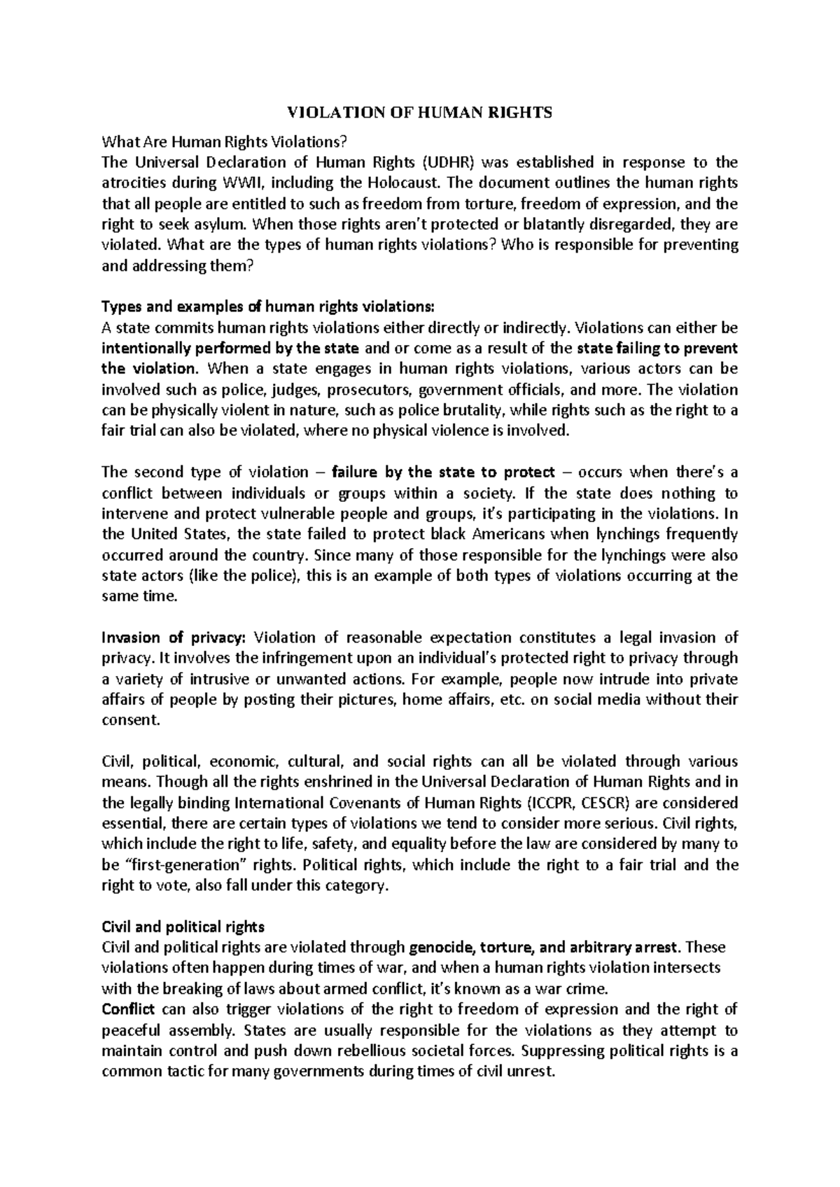 Human Rights Violations: Understanding Types and Responsibilities - Studocu