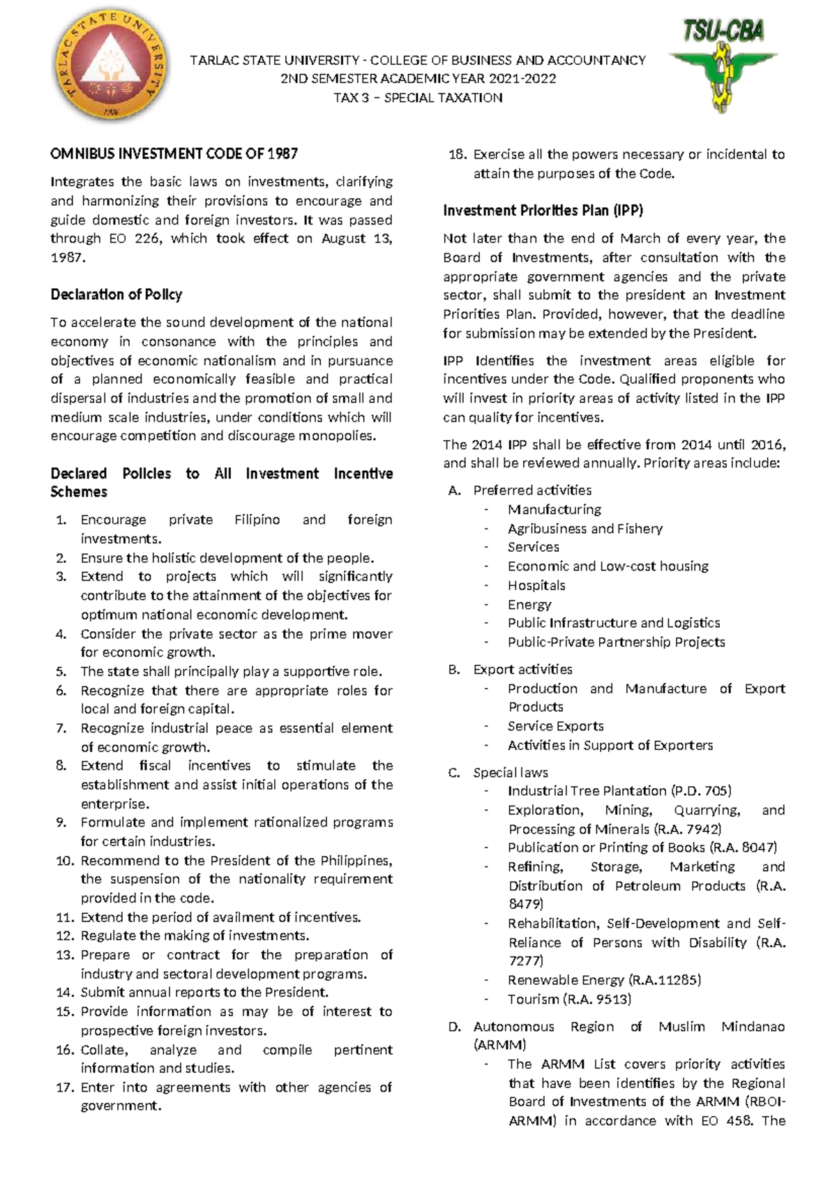 TAX 3: Special Taxation and Investment Code Overview - 2nd Sem AY 2023 ...
