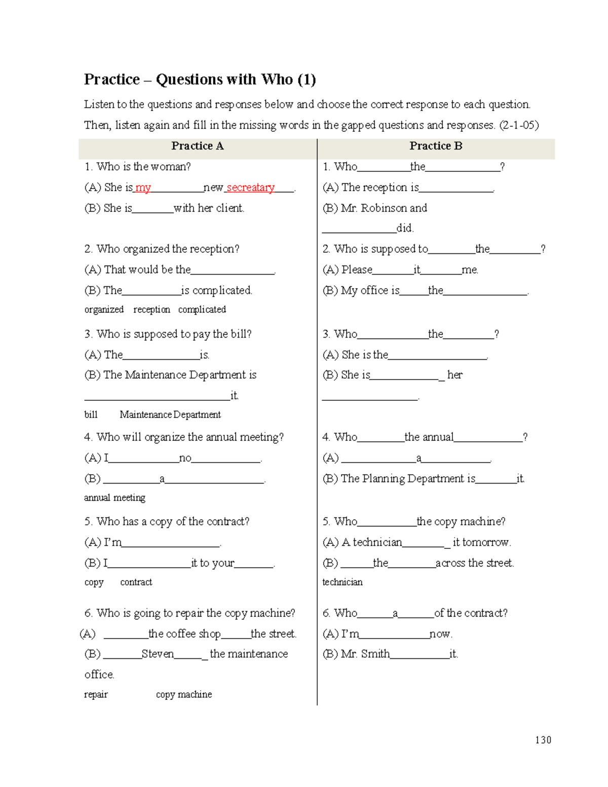 Part 2 WHO WHEN - bai tap - Practice – Questions with Who (1) Listen to ...