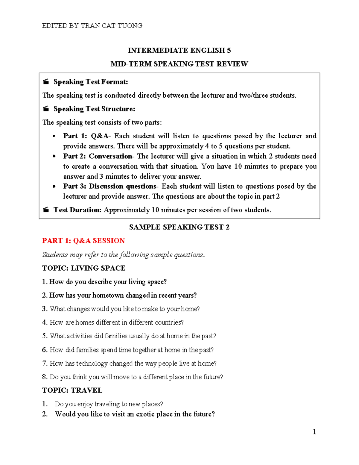 INTERMEDIATE ENGLISH 5 SPEAKING TEST REVIEW & SAMPLE QUESTIONS - Studocu