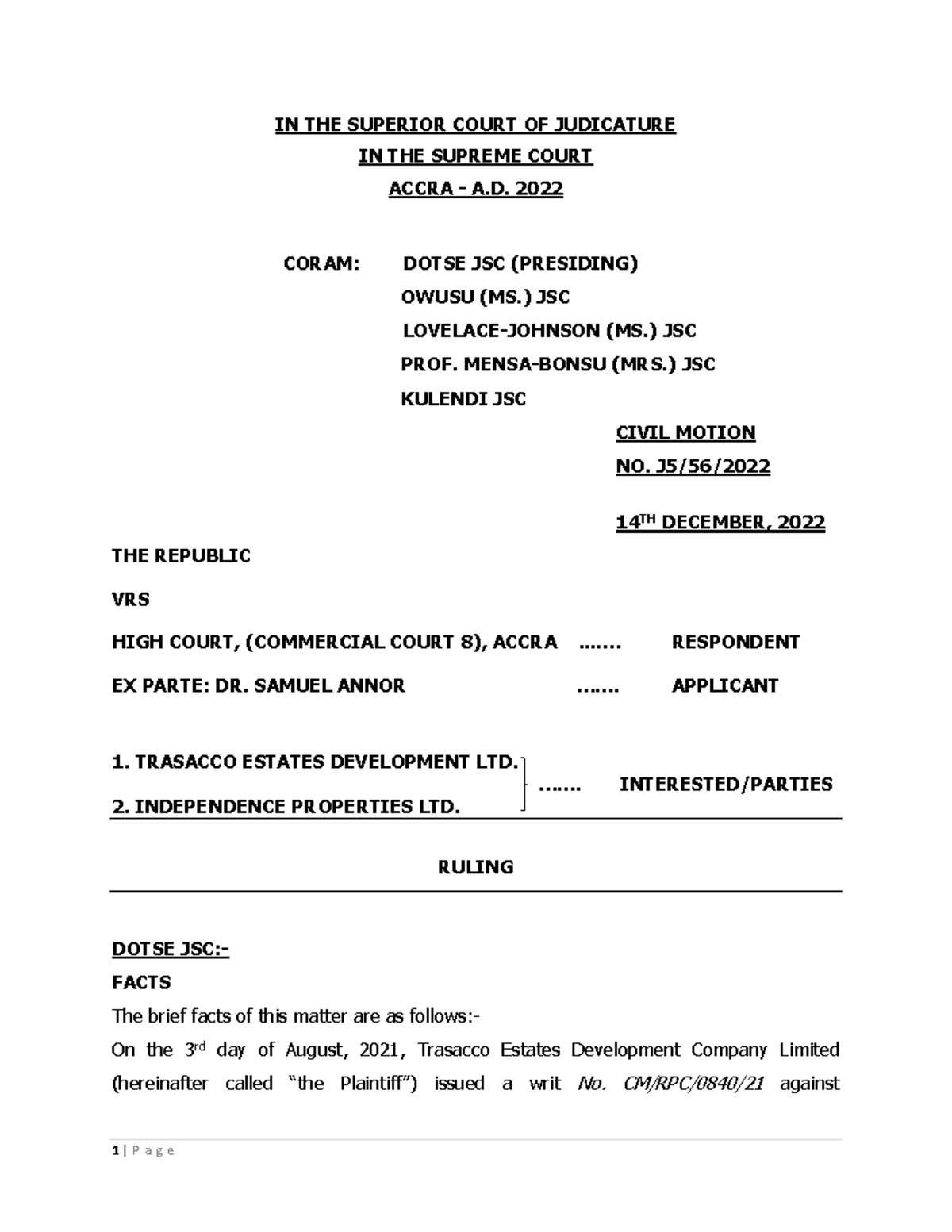 The Republic v. High Court (Commercial Court 8) Accra: Ruling on Civil ...