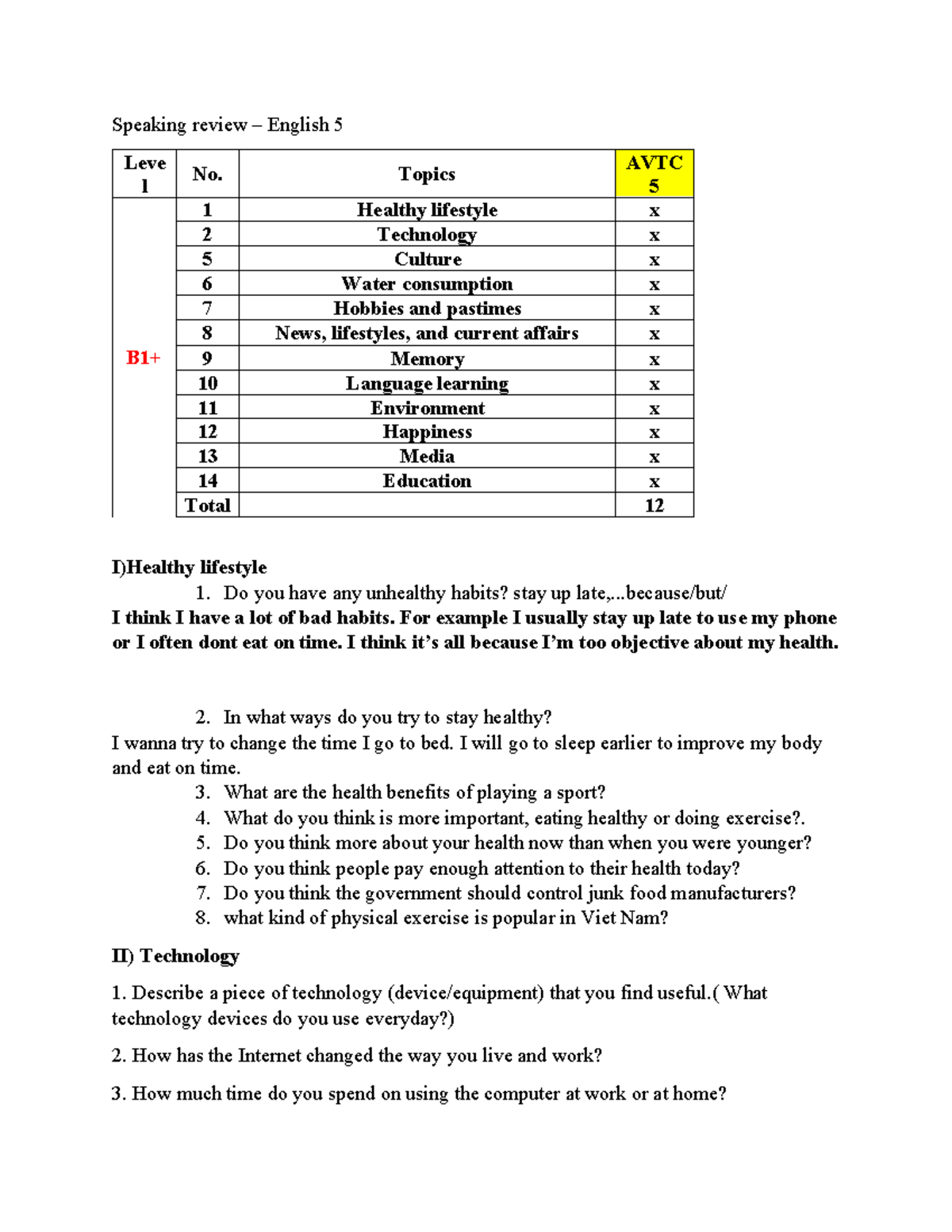 Speaking Review Questions for English 5: Topics on Lifestyle, Tech ...