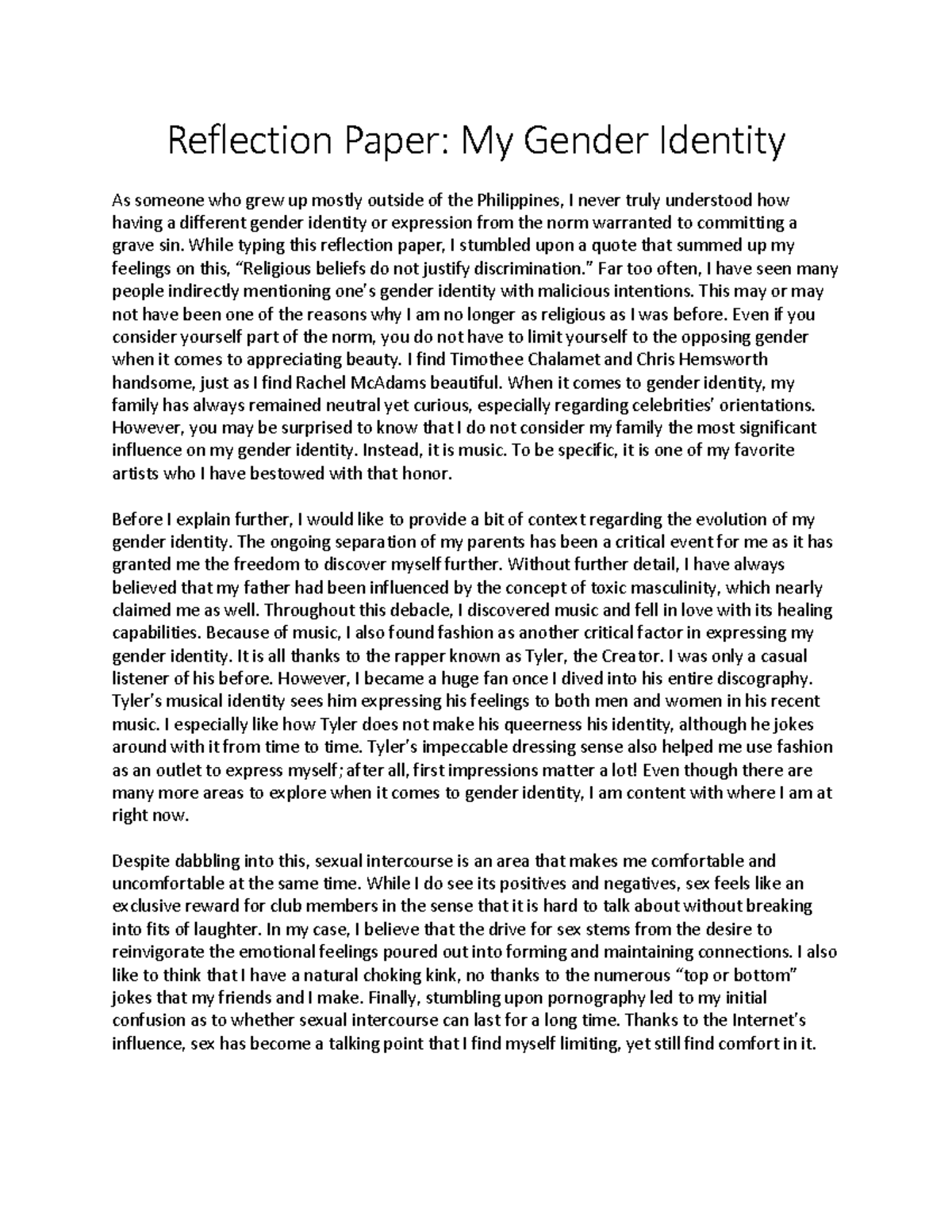 Reflection Paper on Gender Identity Exploration - Studocu