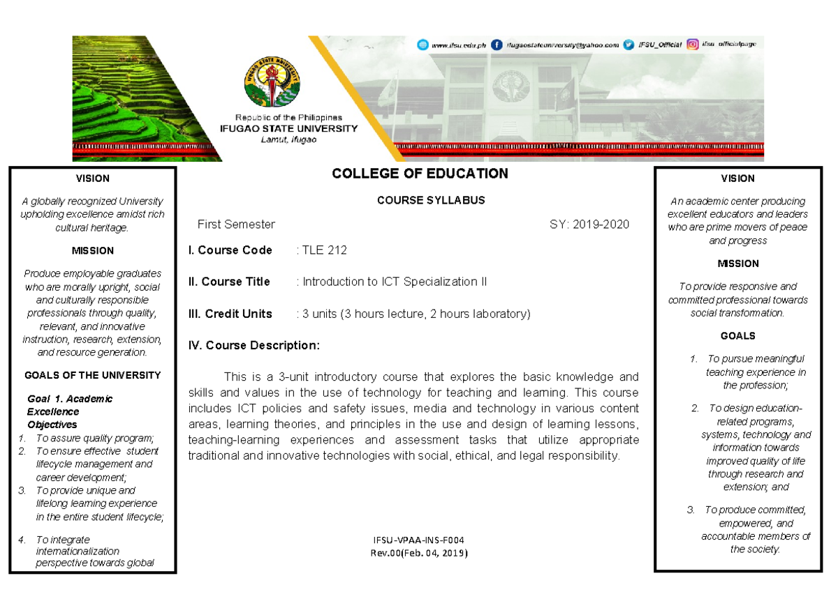 IFSU-VPAA-INS-F - Syllabus for TLE 212: Introduction to ICT II - Studocu