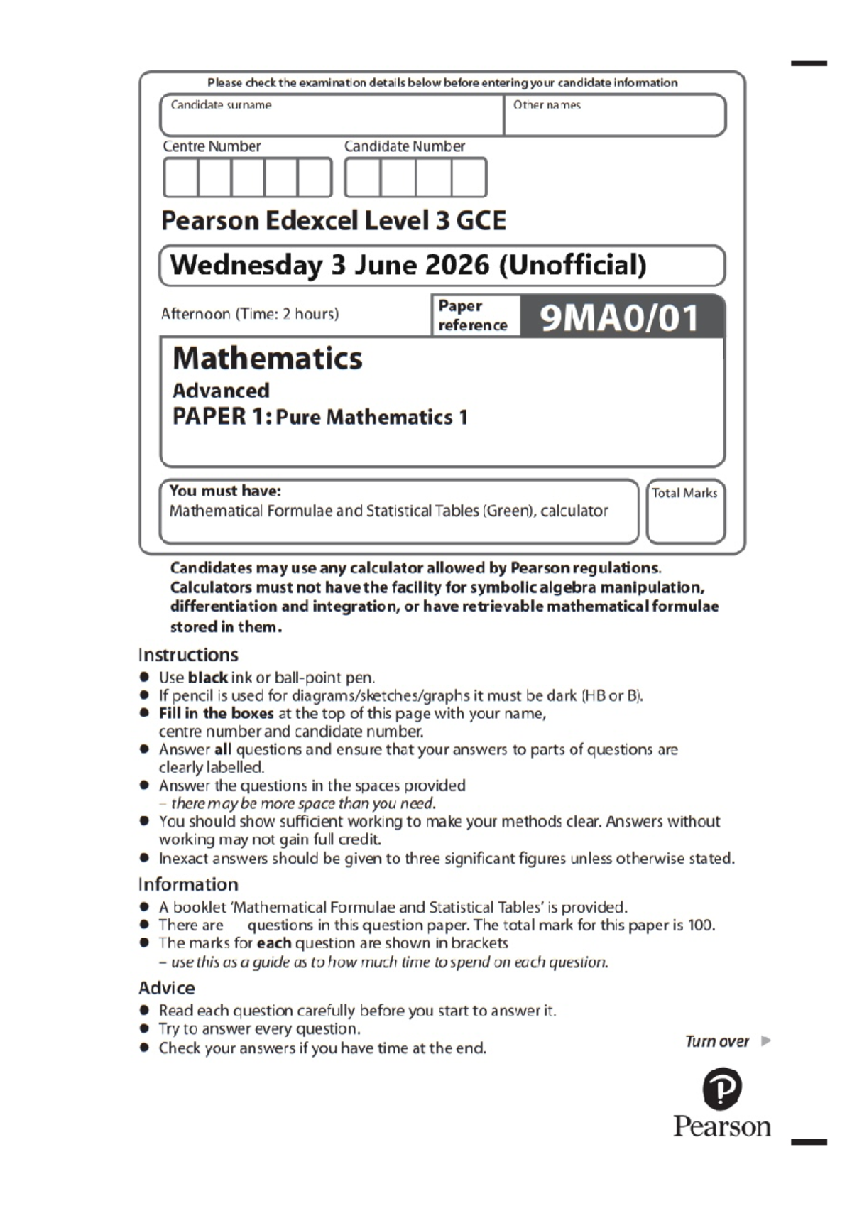 A7DMX 2026 Edexcel Pure Mathematics 1 Exam Paper Details - Studocu