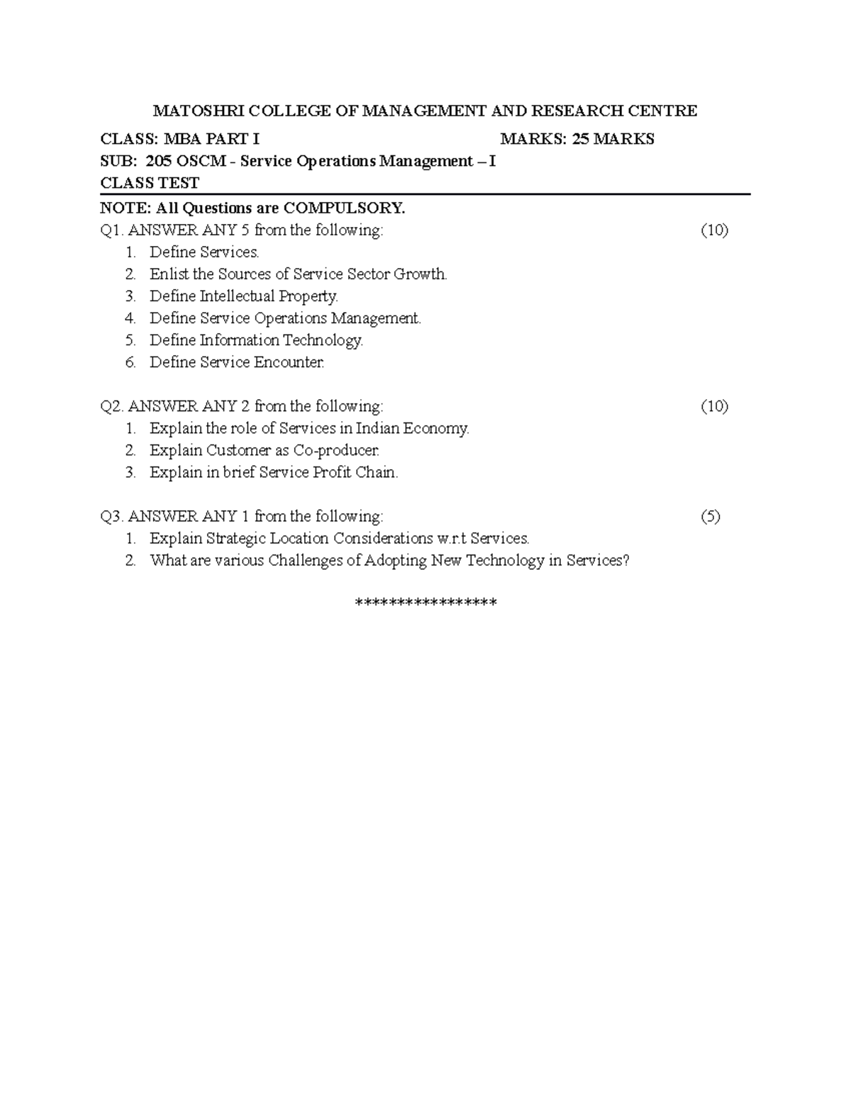 205 OSCM - Service Operations Management Class Test & Assignment - Studocu