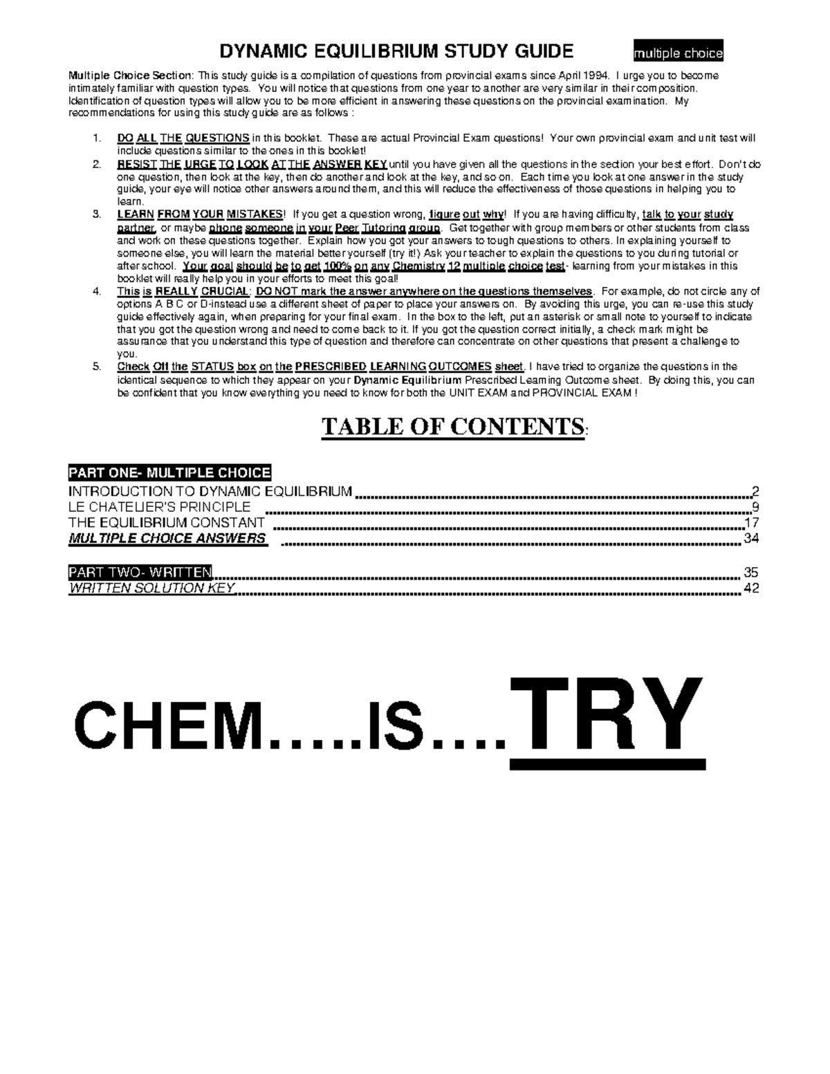 Equilbrium Review booklet - DYNAMIC EQUILIBRIUM STUDY GUIDE multiple ...