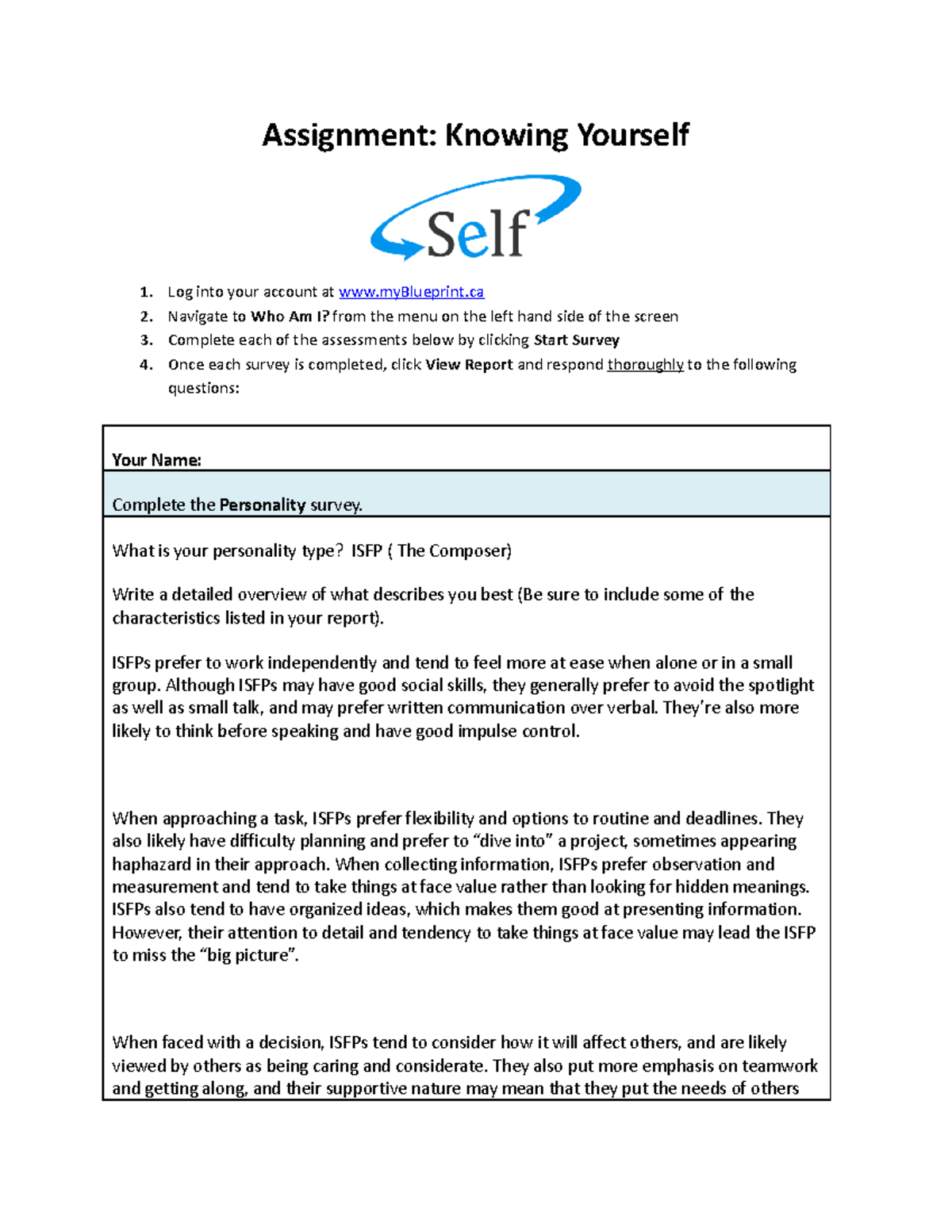 Knowing Yourself Assignment Template: Personality & Interests Analysis ...