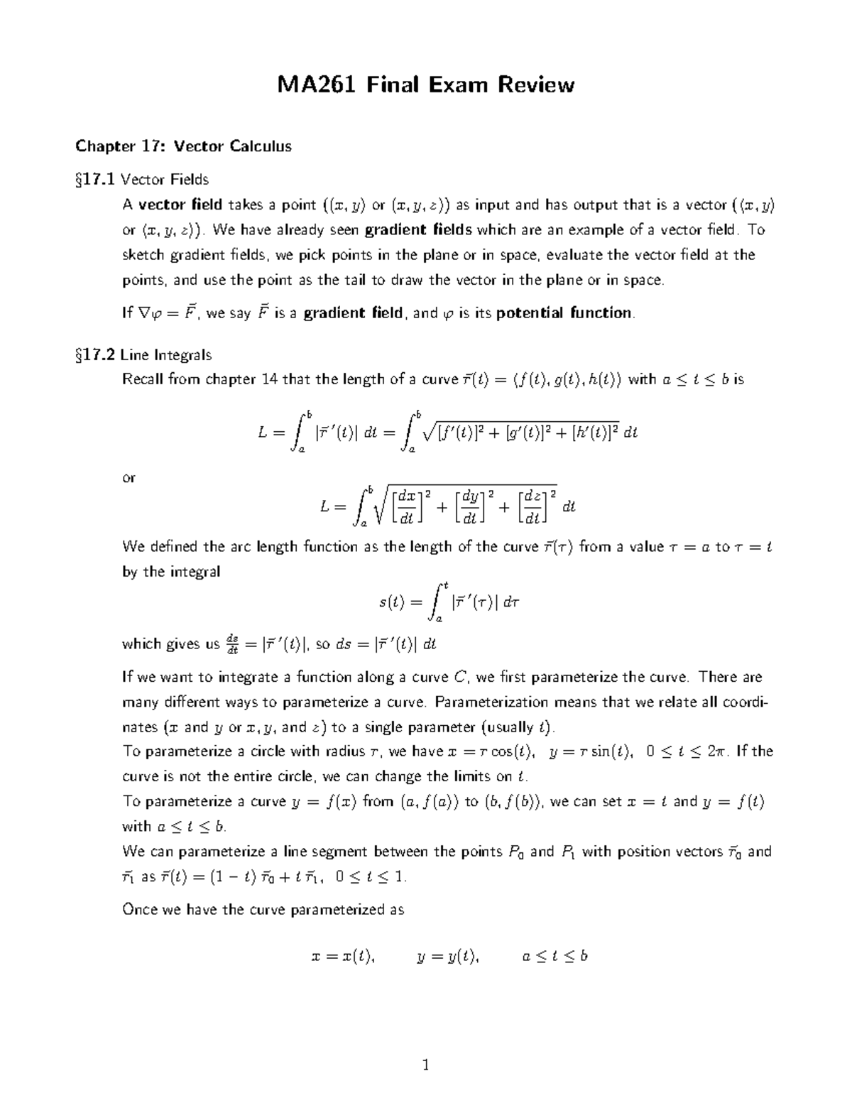 MA261 Final Exam Comprehensive Review on Vector Calculus Concepts - Studocu
