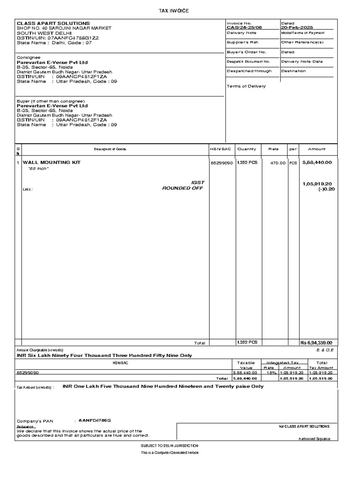 Cas08 - SDDSFDSFSD - TAX INVOICE CLASS APART SOLUTIONS SHOP NO. 40 ...