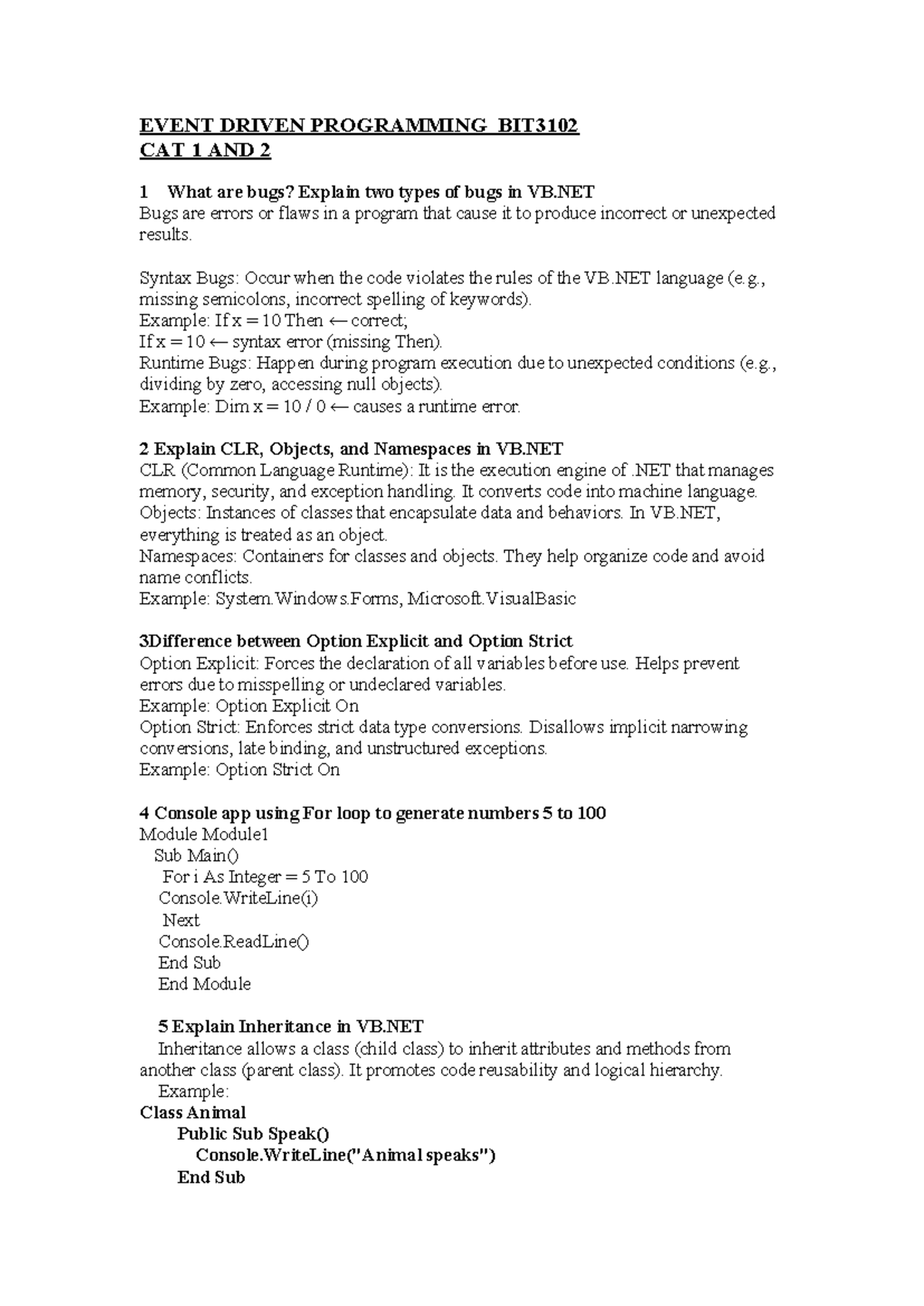 Event Driven Programming BIT3102 CAT 1 & 2 Notes on VB.NET Concepts ...