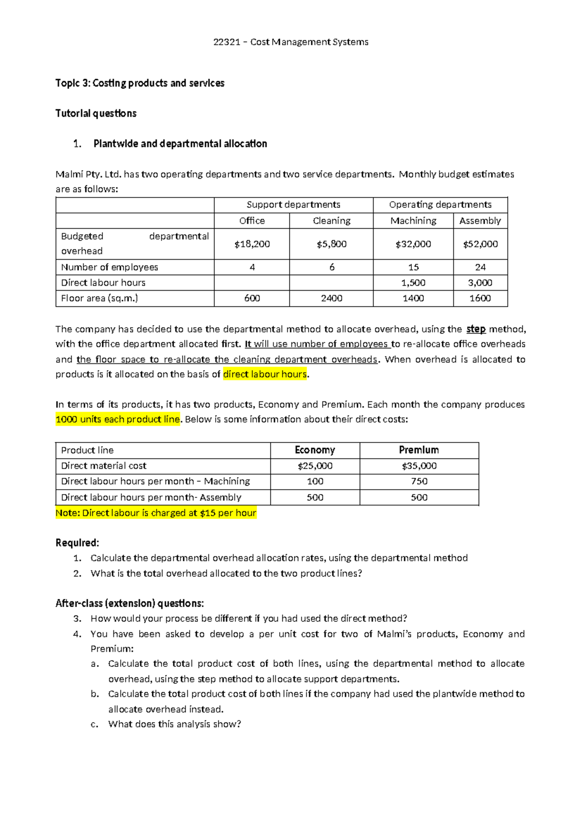 22321 Cost Management Systems: Topic 3 - Tutorial Questions on Costing ...