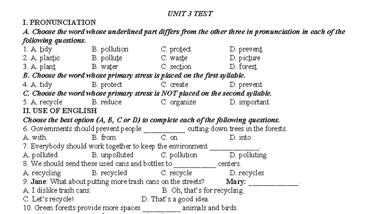 E8 UNIT 3 TEST: Pronunciation & Use of English Practice - Studocu