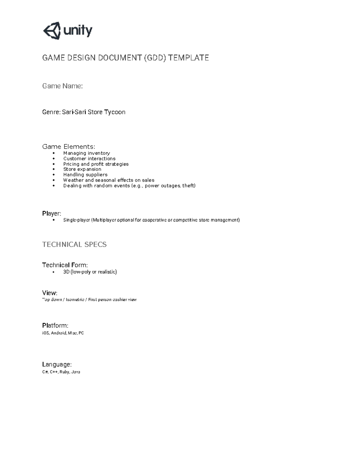 GAME DESIGN DOCUMENT (GDD) TEMPLATE: Store Tycoon Game Overview - Studocu