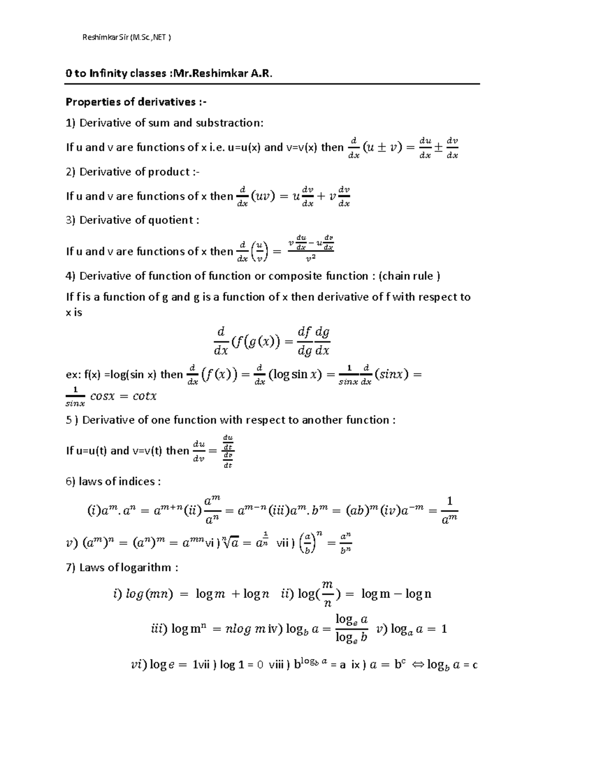List of Important Derivatives and Functions - Math 101 Notes - Studocu