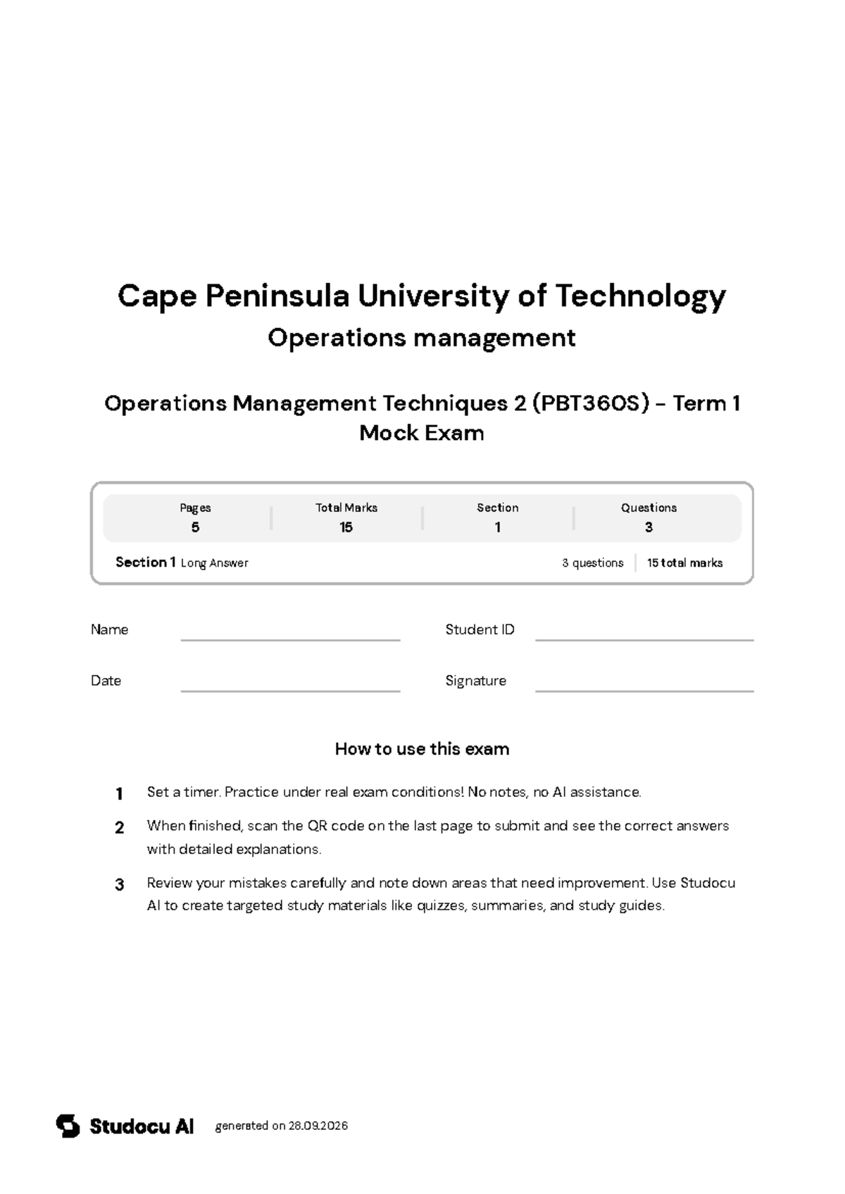 PBT360S - Term 1 Mock Exam on Operations Management Techniques - Studocu