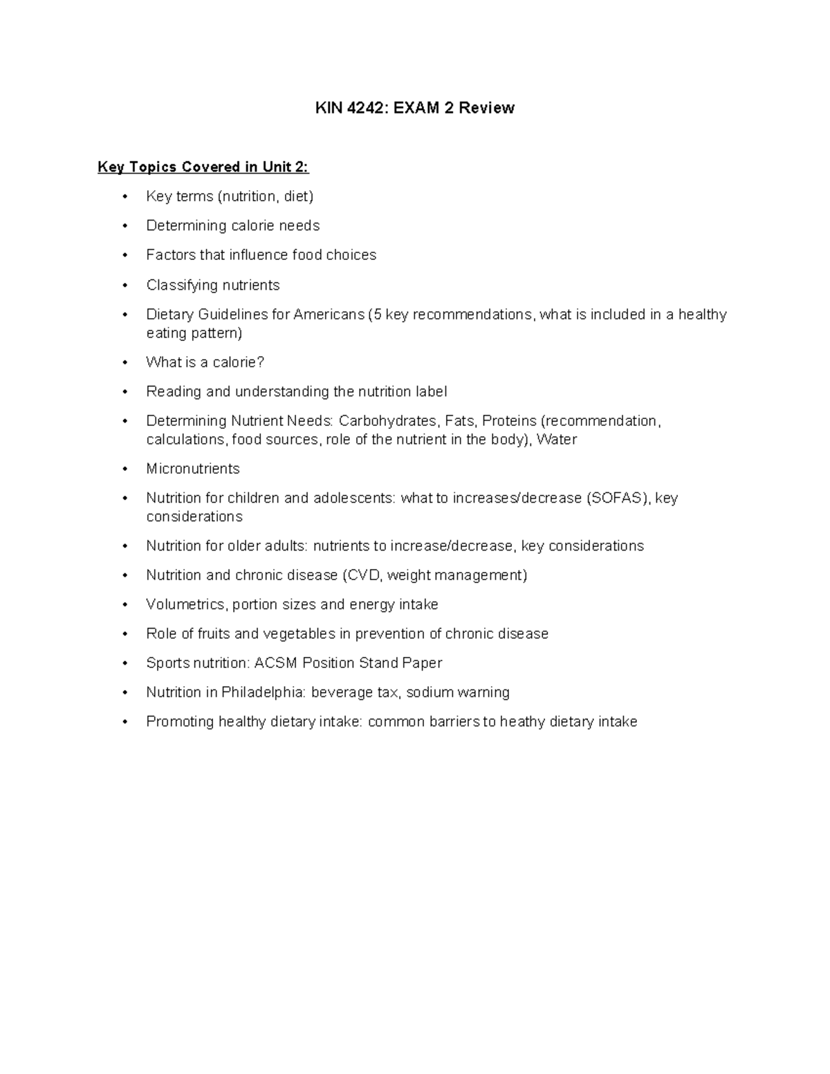 KIN 4242: Exam 2 Review - Key Topics in Nutrition and Diet - Studocu