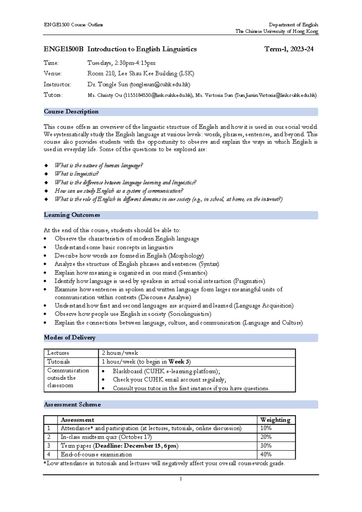 ENGE1500B Course Outline: Introduction to English Linguistics (T1, 2023 ...