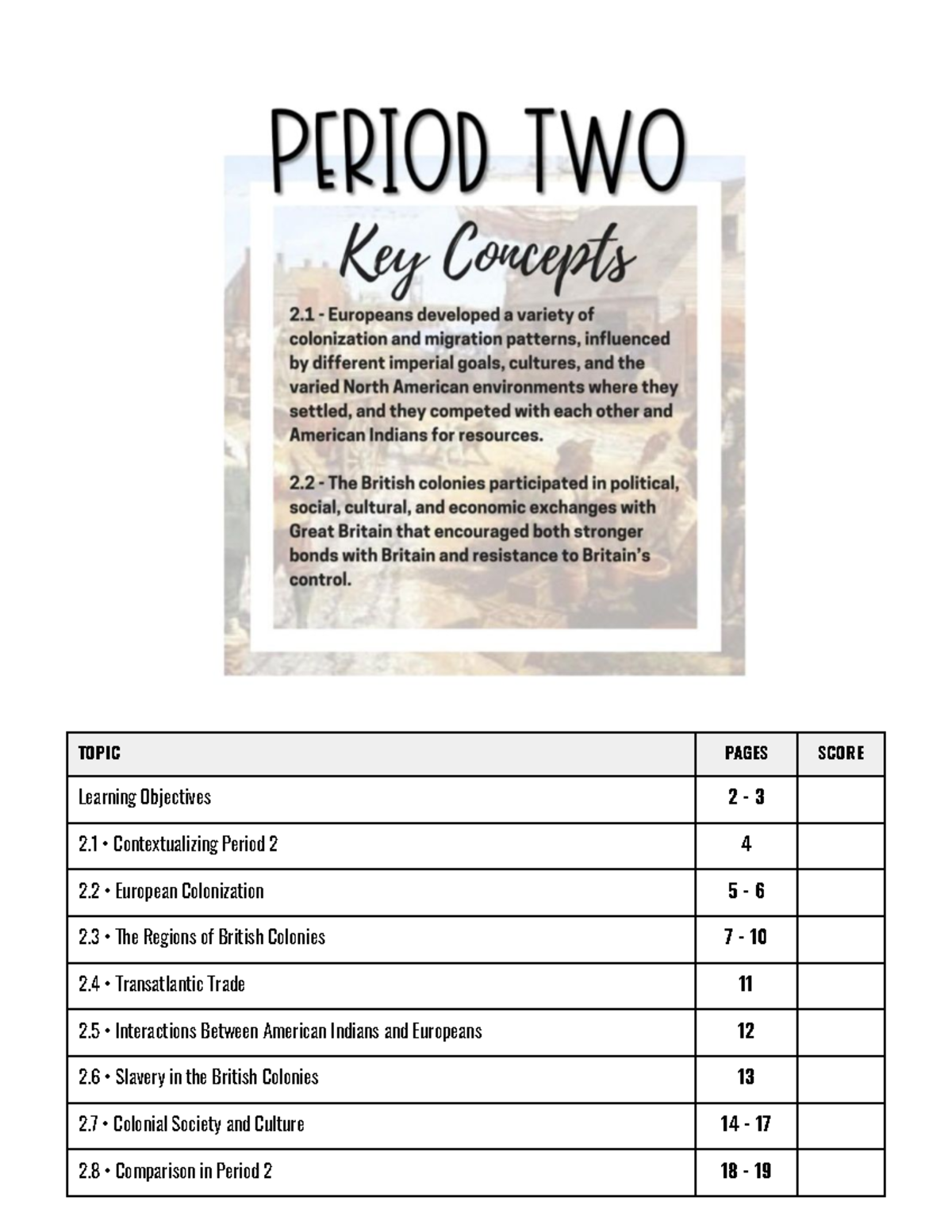 APUSH Period 2 Topic Workbook: European Colonization & Society (1607 ...