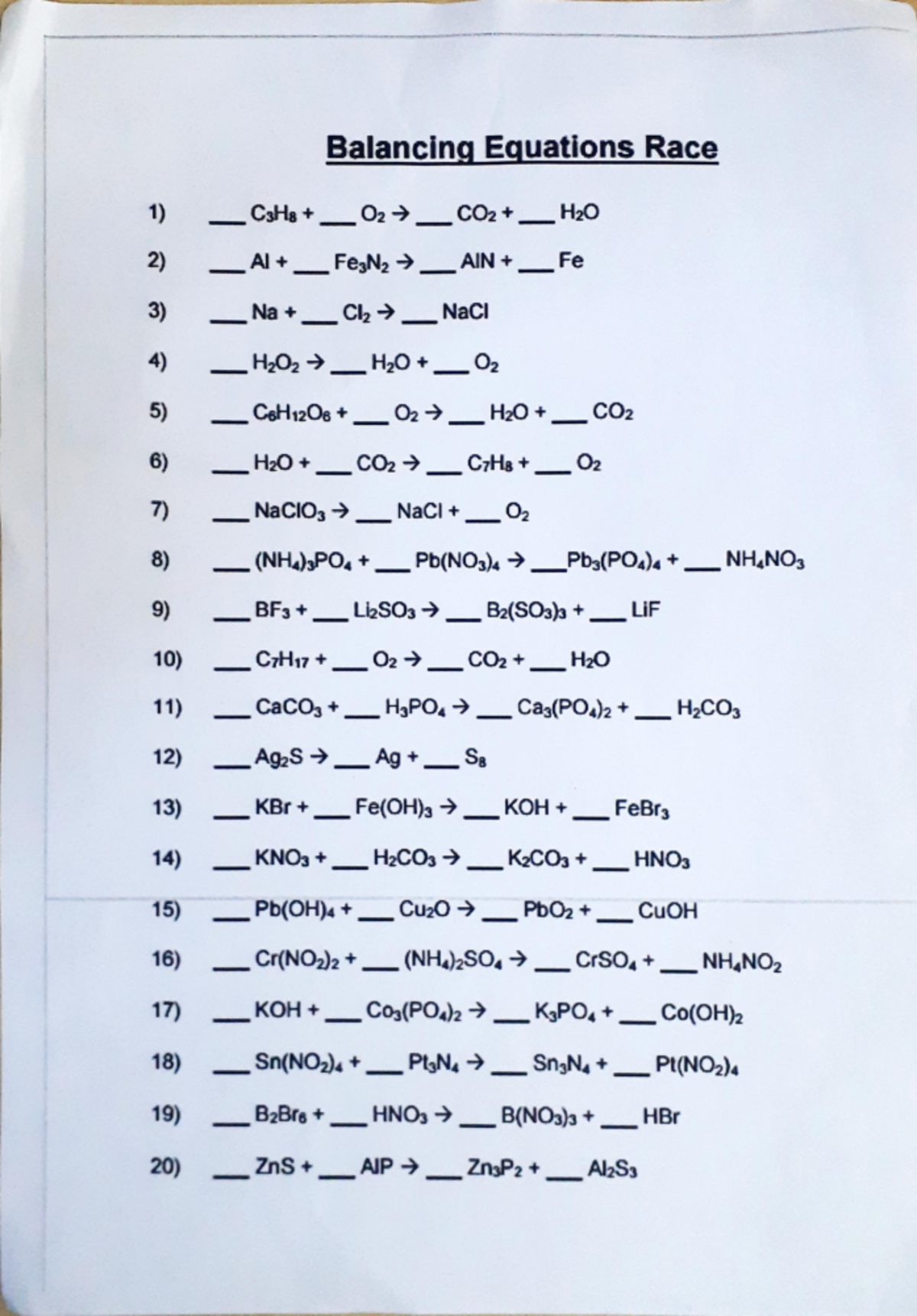 Balancing equations exercise - Balancing Equations Race 1) C3H8 O2 CO ...