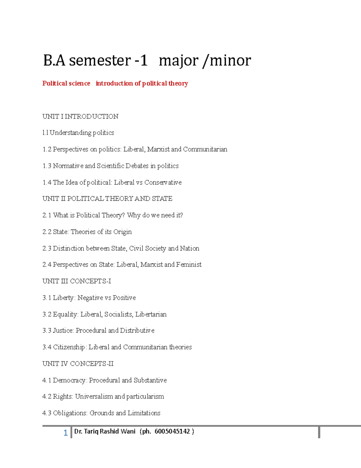B.A ist year - .... - B semester - 1 major /minor Political science ...