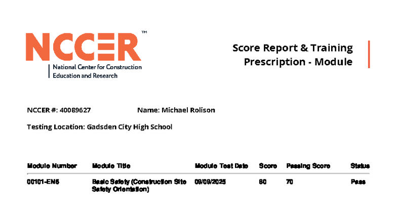 NCCER 40089627 Score Report & Training Prescription Summary - Studocu