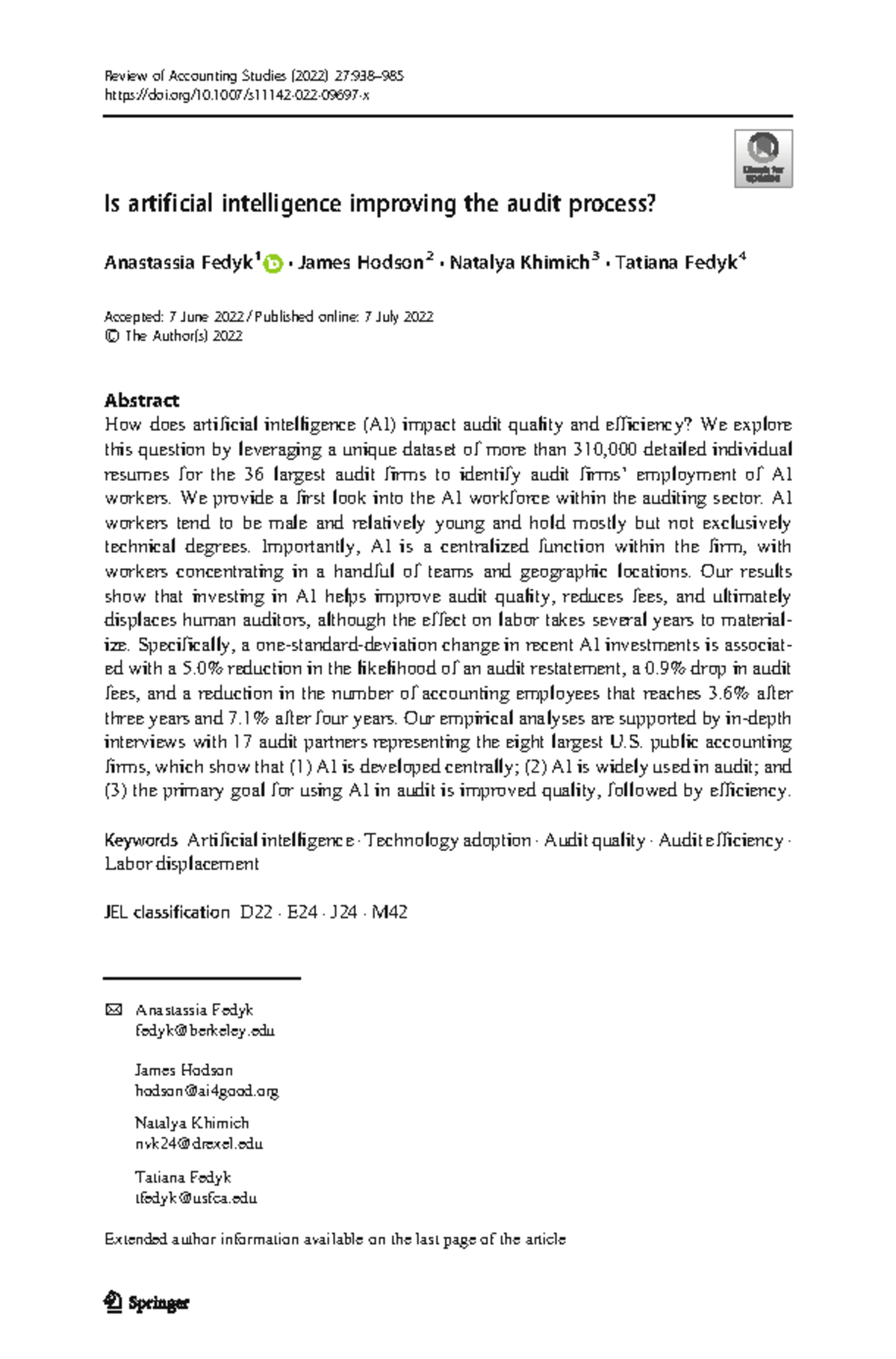 S11142 022 09697 x - Thesis RRL: Impact of AI on Audit Quality and ...