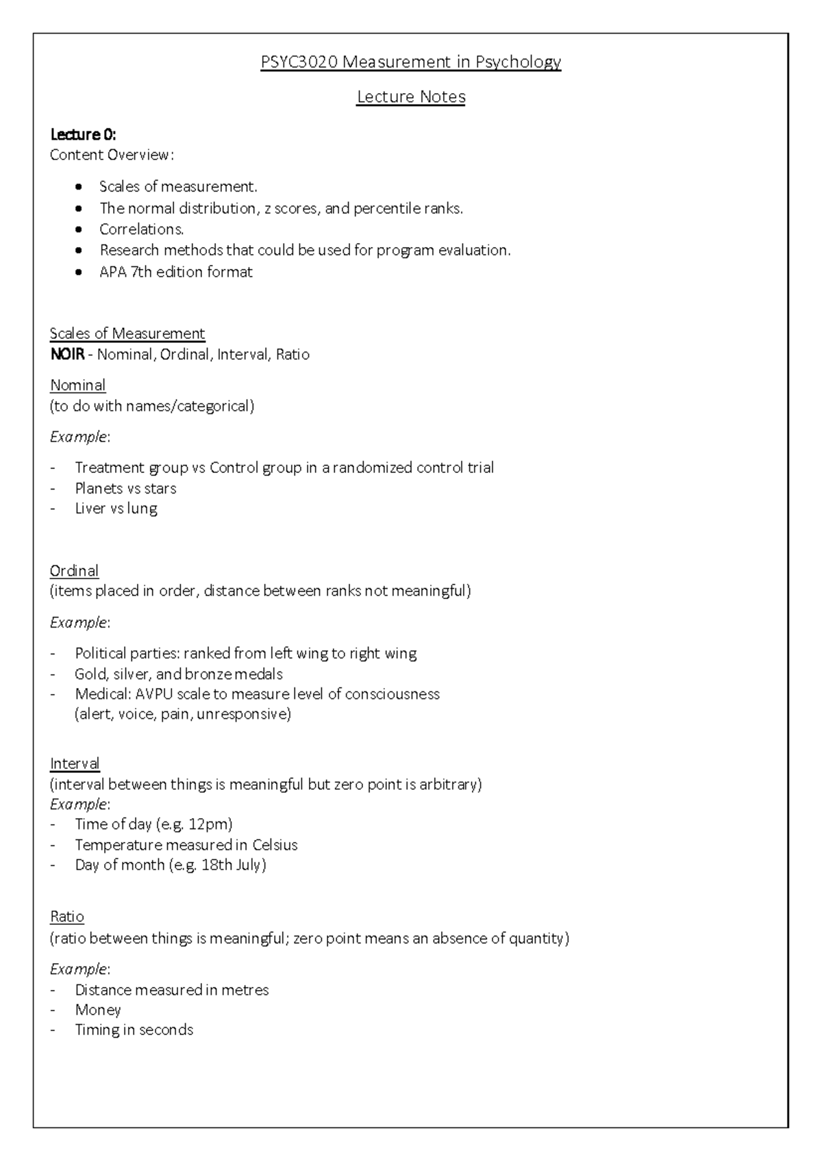 PSYC3020 Lecture 0: Measurement in Psychology Overview Notes - Studocu